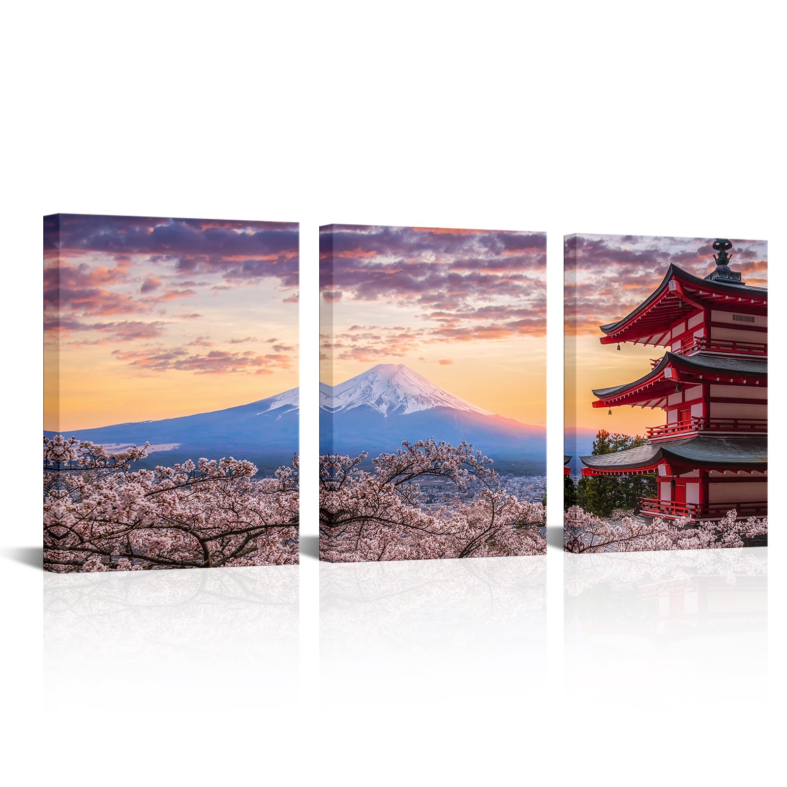 OuElegent Mount Fuji Canvas Wall Art Kyoto Cherry Blossom Japanese Landscape Pictures Print Artwork for Home Office Living Room Decor Framed 12"x16"x3 Pcs (small)