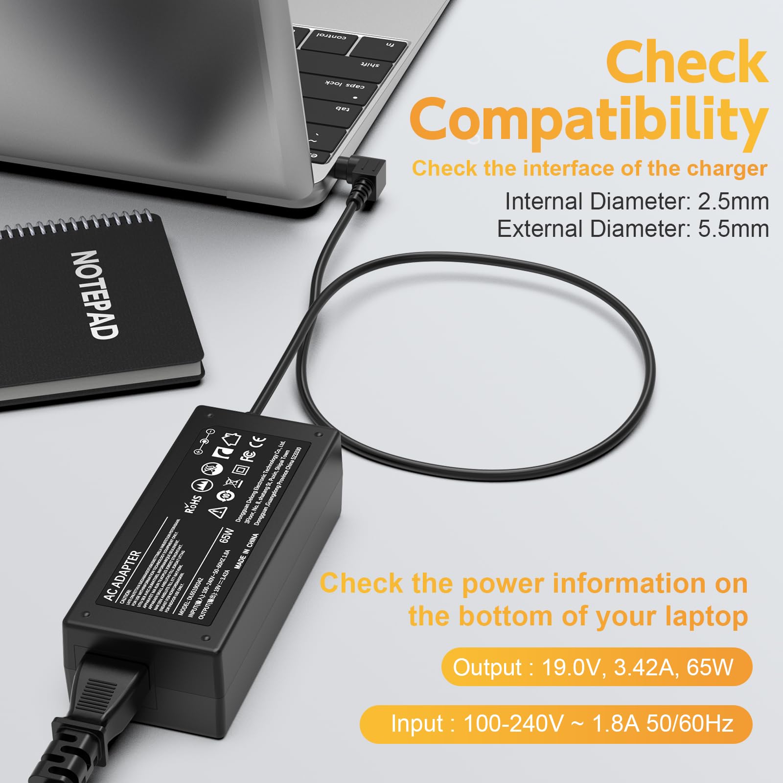 65W Laptop Charger for Toshiba Satellite C55 C55D C655 C855 C855D L55 L745 L655 L755 P755 S55 S55T A105 A215 A505 A665; PA3822U-1ACA, PA3917U-1ACA, PA5177U-1ACA, PA5178U-1ACA Power Supply Cord