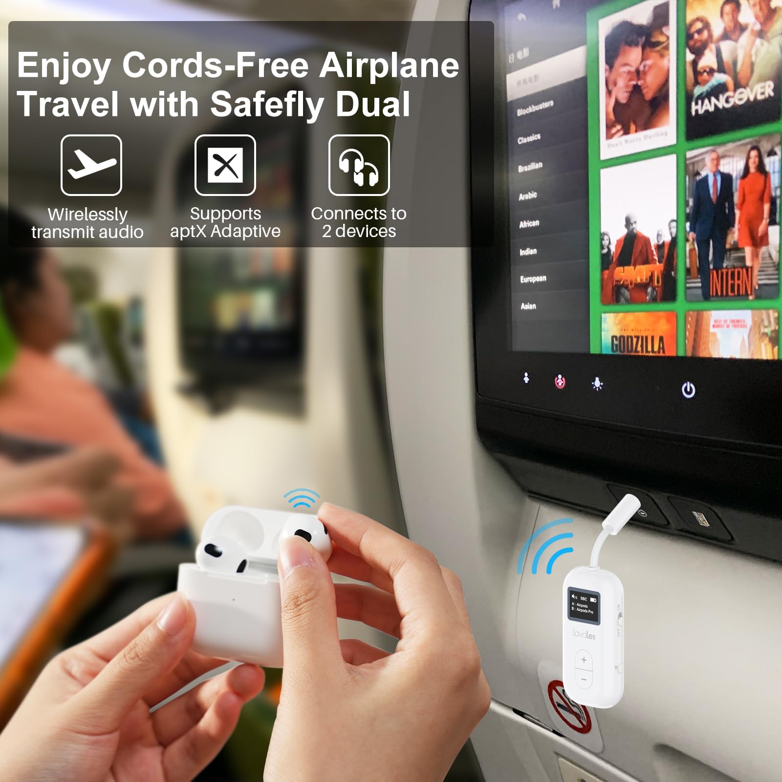SafeFly Dual Premium Bluetooth 5.3 Transmitter Bluetooth Adapter w/Screen for AirPods or Wireless Headphones - Use with Any 3.5 mm Audio Jack for Airplanes, TV, MP3 Player, PC, Switch