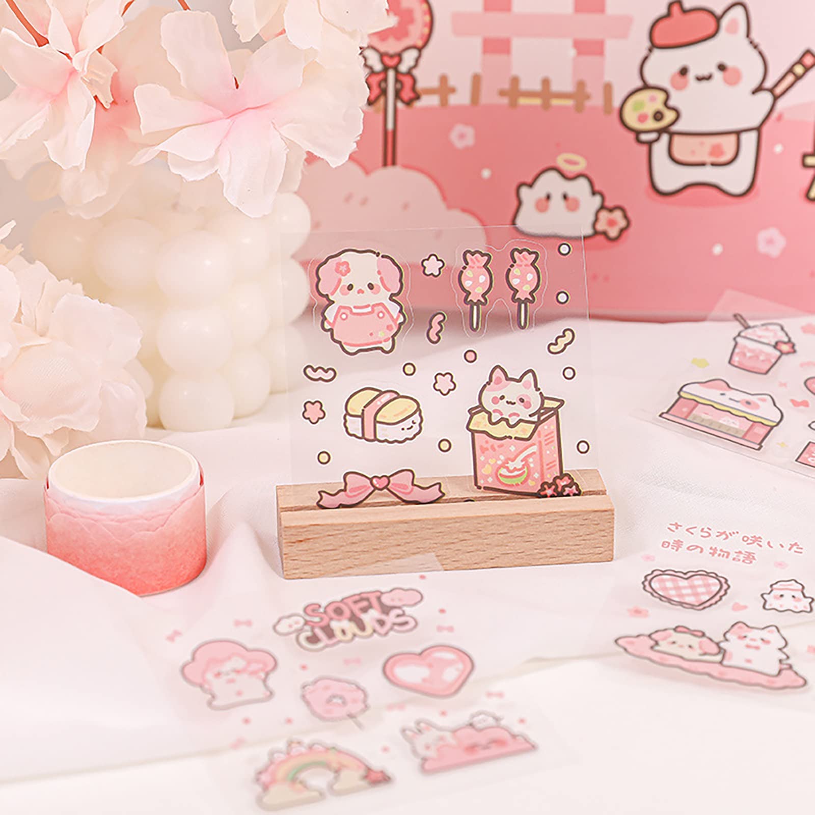 Doraking Waterproof Vinyl Transparent Flower Stickers, Kawaii Stickers for Notebook Laptop Scrapbook Journaling, 200 Sheets Cartoon Cute Stickers Boxed Gifts for Kids Teens Girls Boys