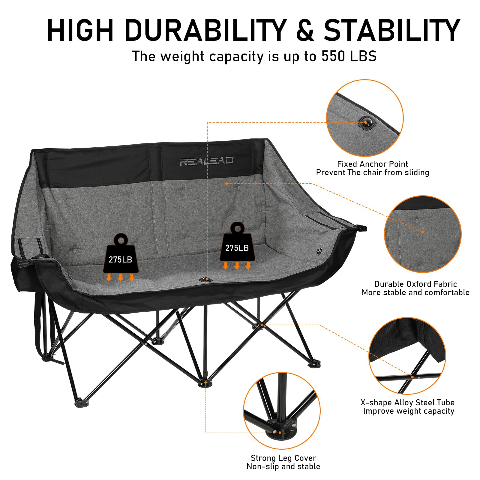 REALEAD Heated Loveseat Camping Chair | 3 Heat Levels and 4 Heating Zones | Portable Heated Chair for Outdoor Sports | Support 550lbs | Heated Folding Chairs for Outside | Battery NOT Included