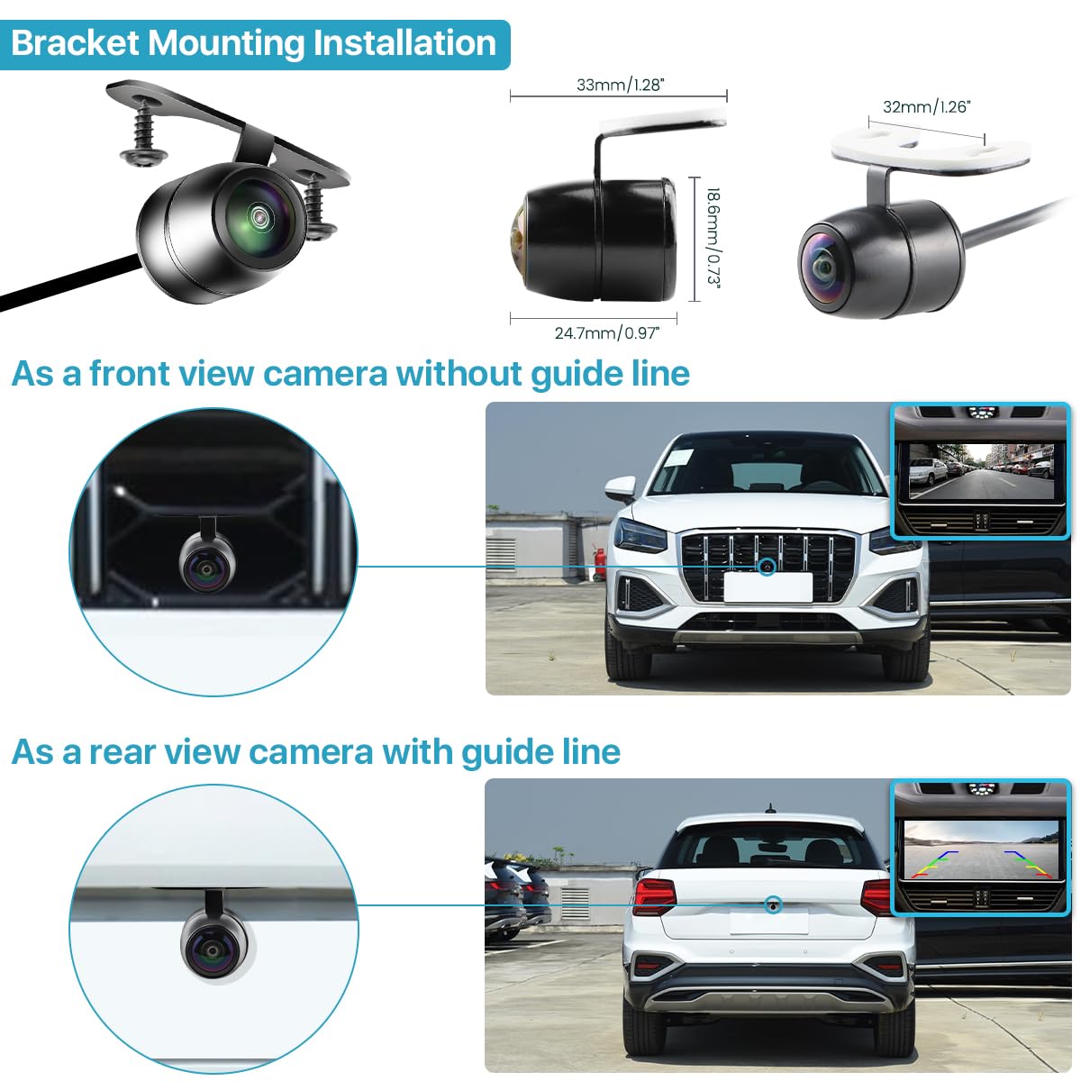 AHD 1080P Backup Camera, Universal Flush Mount Reverse Rear Front Side View Camera for Cars Pickup SUVs RVs Vans TTXSCAM-E01, WORKS with MONITORS SUPPORTS AHD 1080P 25HZ/PAL Video Signal