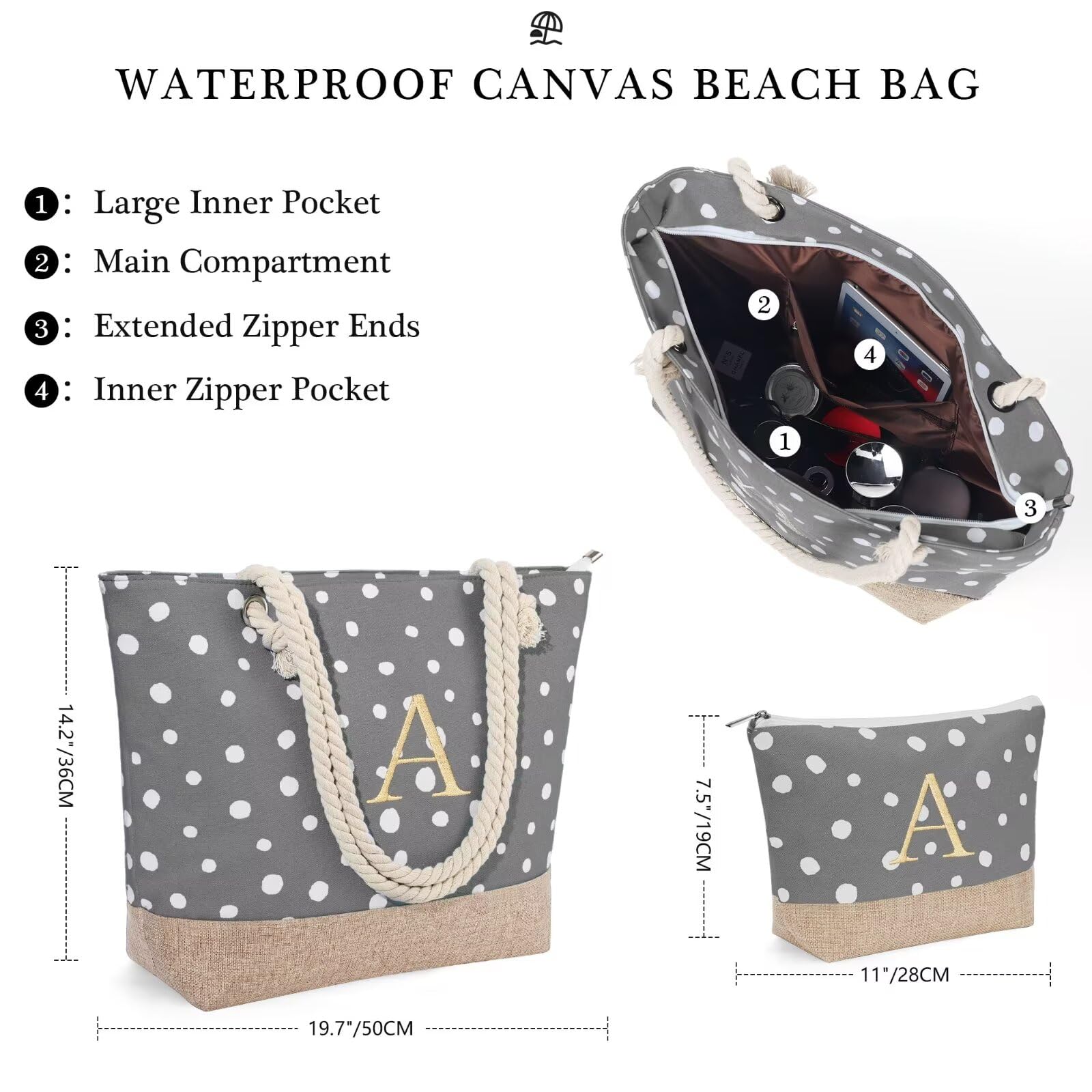 YOOLIFE Christmas Gifts for Women - Birthday Gifts for Women Mom Daughter Sister Friends Girlfriend Her, Christmas Stocking Stuffers for Women, Personalized Initial Tote Bag, Grey Beach Bag, Letter S