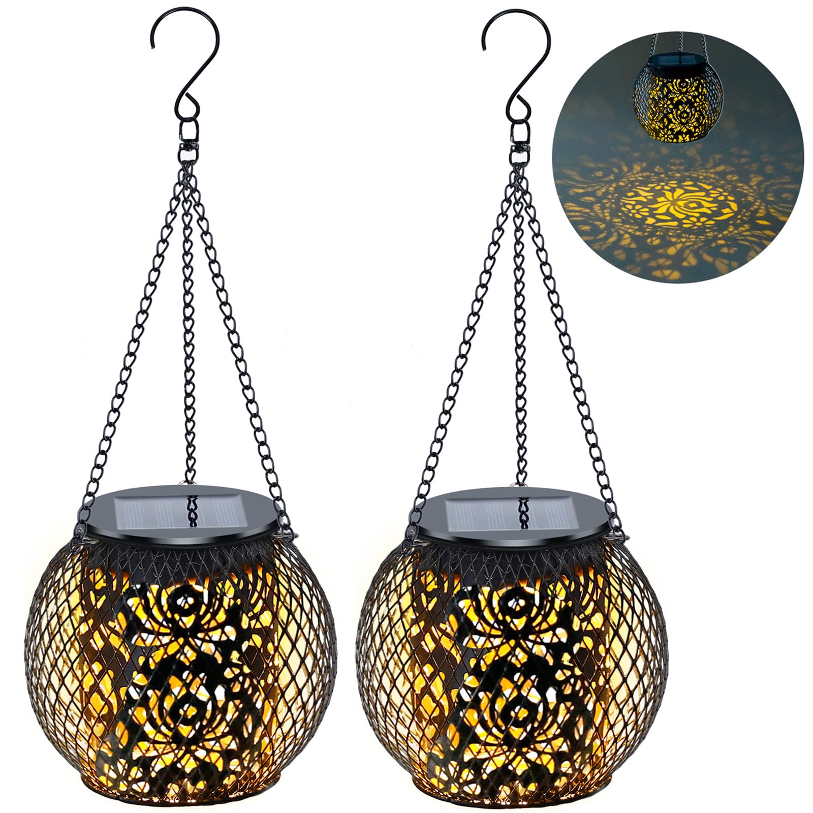 Mizmakp 2Pack Hanging Solar Lanterns Outdoor Waterproof, Upgraded Solar Lights Garden, IP65 Waterproof Metal Solar Lanterns with Pattern, Solar Garden Lights Outside for Patio Yard Porch Pathway Fence