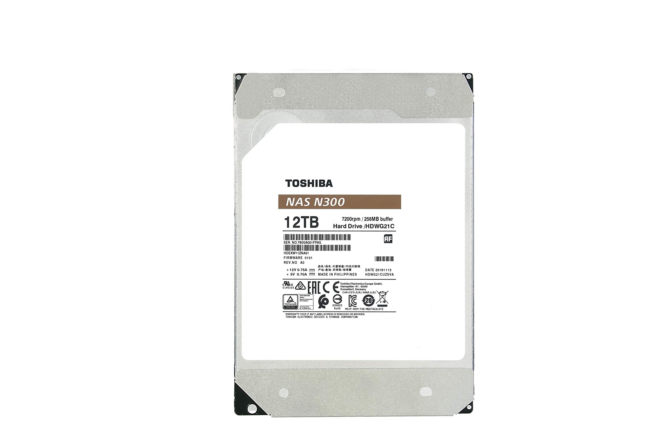 Toshiba N300 12TB NAS 3.5-Inch Internal Hard Drive - CMR SATA 6 Gb/s 7200 RPM 256 MB Cache - HDWG21CXZSTA
