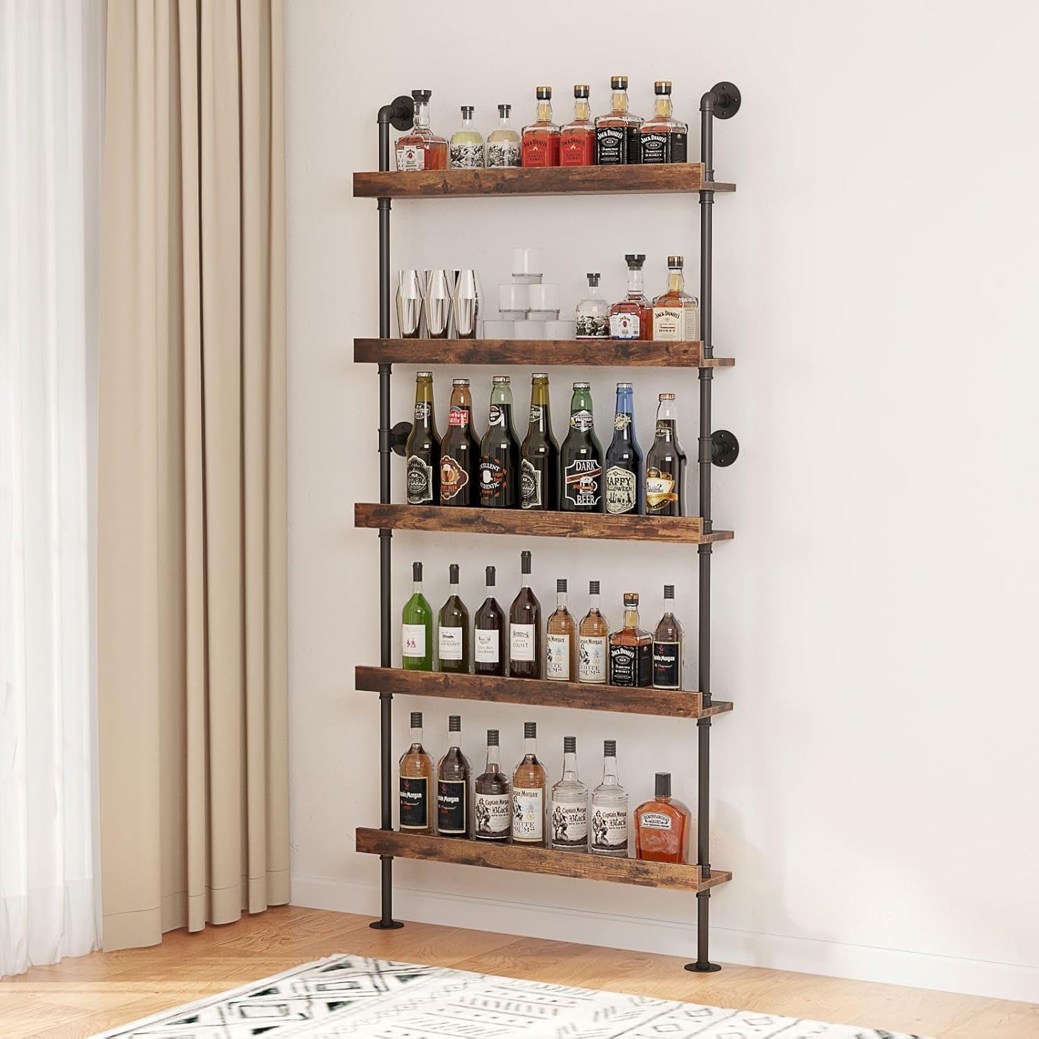 Woskar 5-Tier Wall Mounted Wine Rack, Industrial Pipe Bar Shelf for Wine Bottle Storage, Industrial Pipe Shelves Shelf Shelving for Home Bar Dining Room Kitchen (31.5" W x 79" H x 8.6" D)