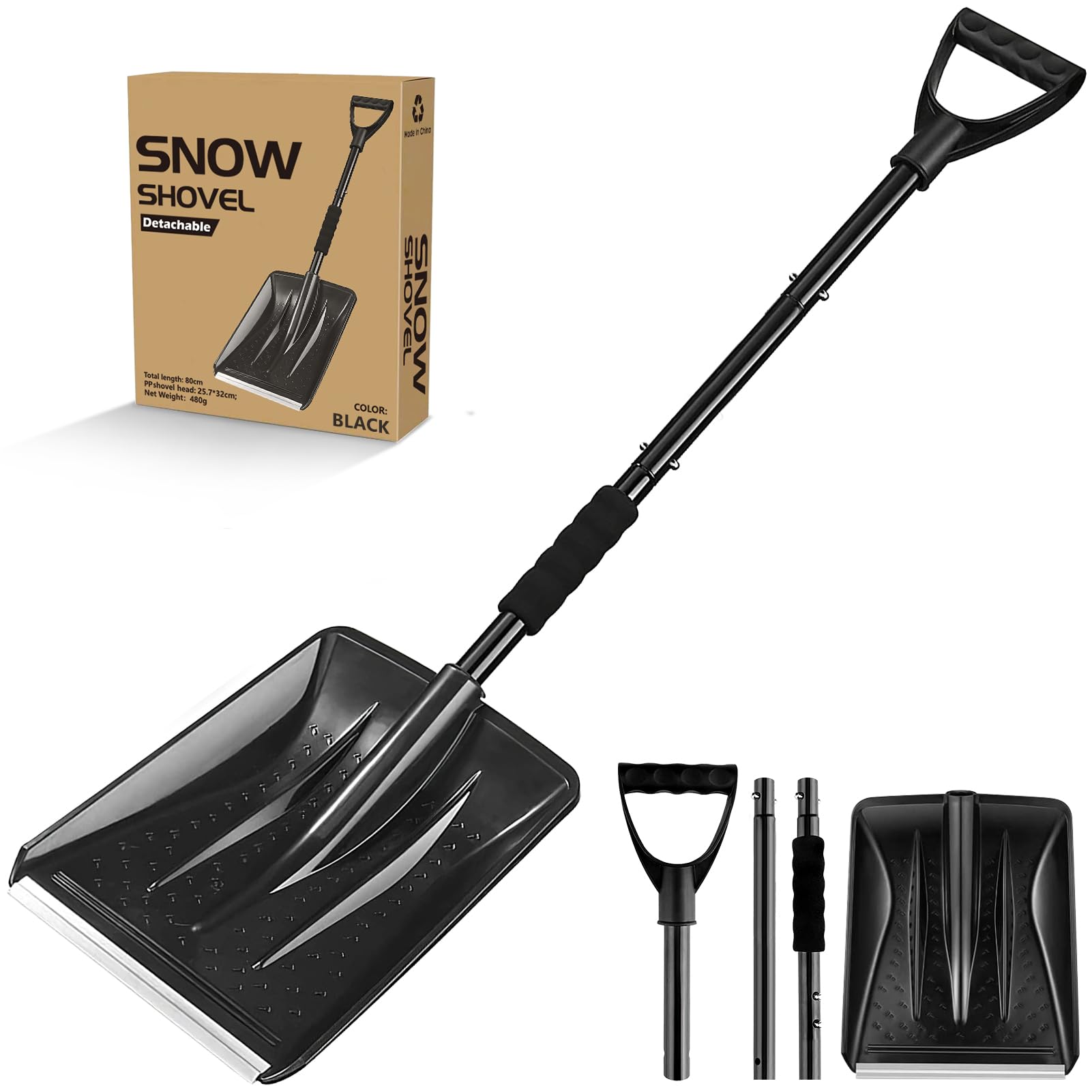 Snow Shovel, Snow Shovels for Snow Removal Heavy Duty Portable Sport Utility Detachable Shovel for Driveway Car Emergency Home Garden Camping Beach