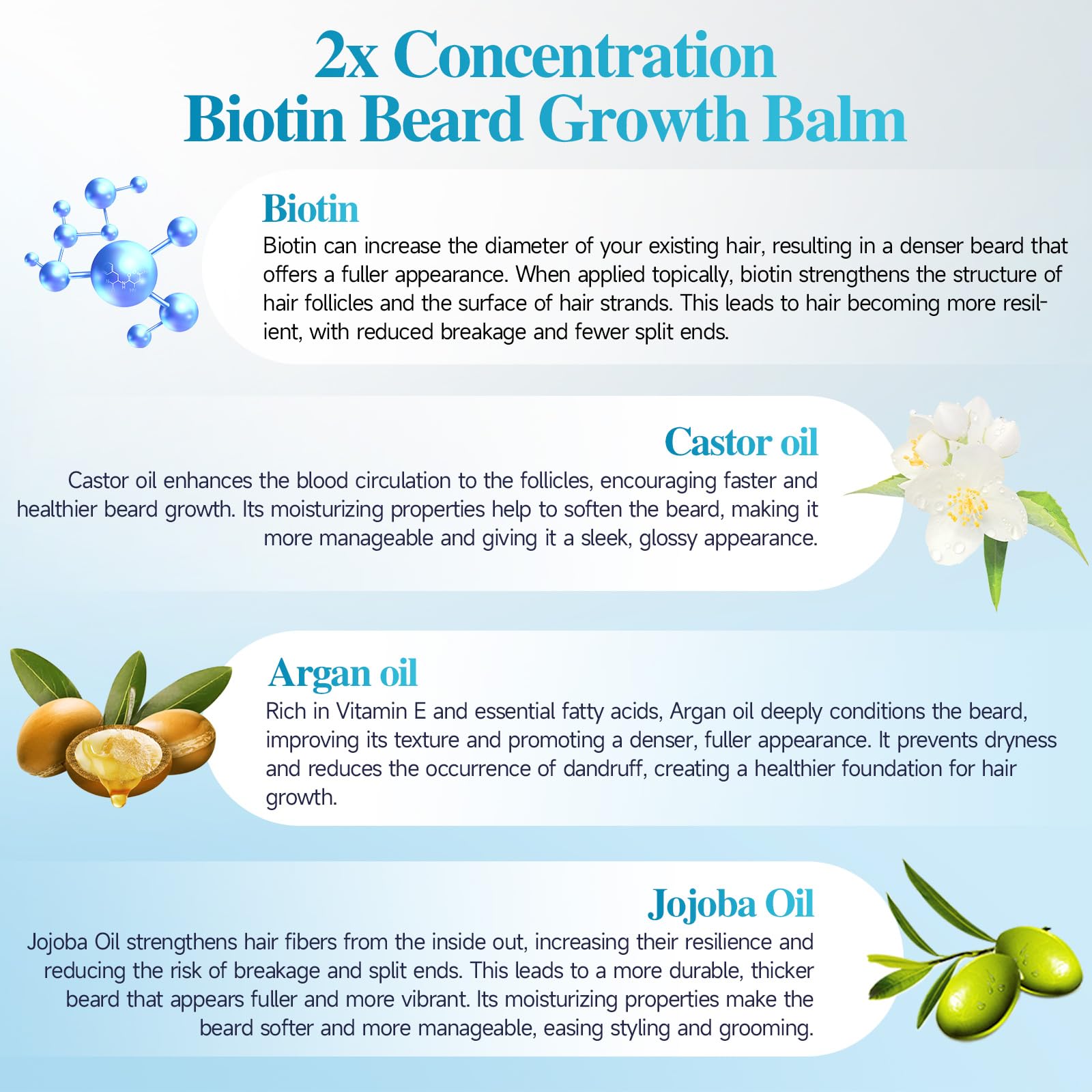 Biotin Beard Balm for Men & Conditioning Beard Wax - Made with Castor Oil Natural and Organic Ingredients - Hydrates & Thickens Facial Hair Growth- 2 Ounce Tin