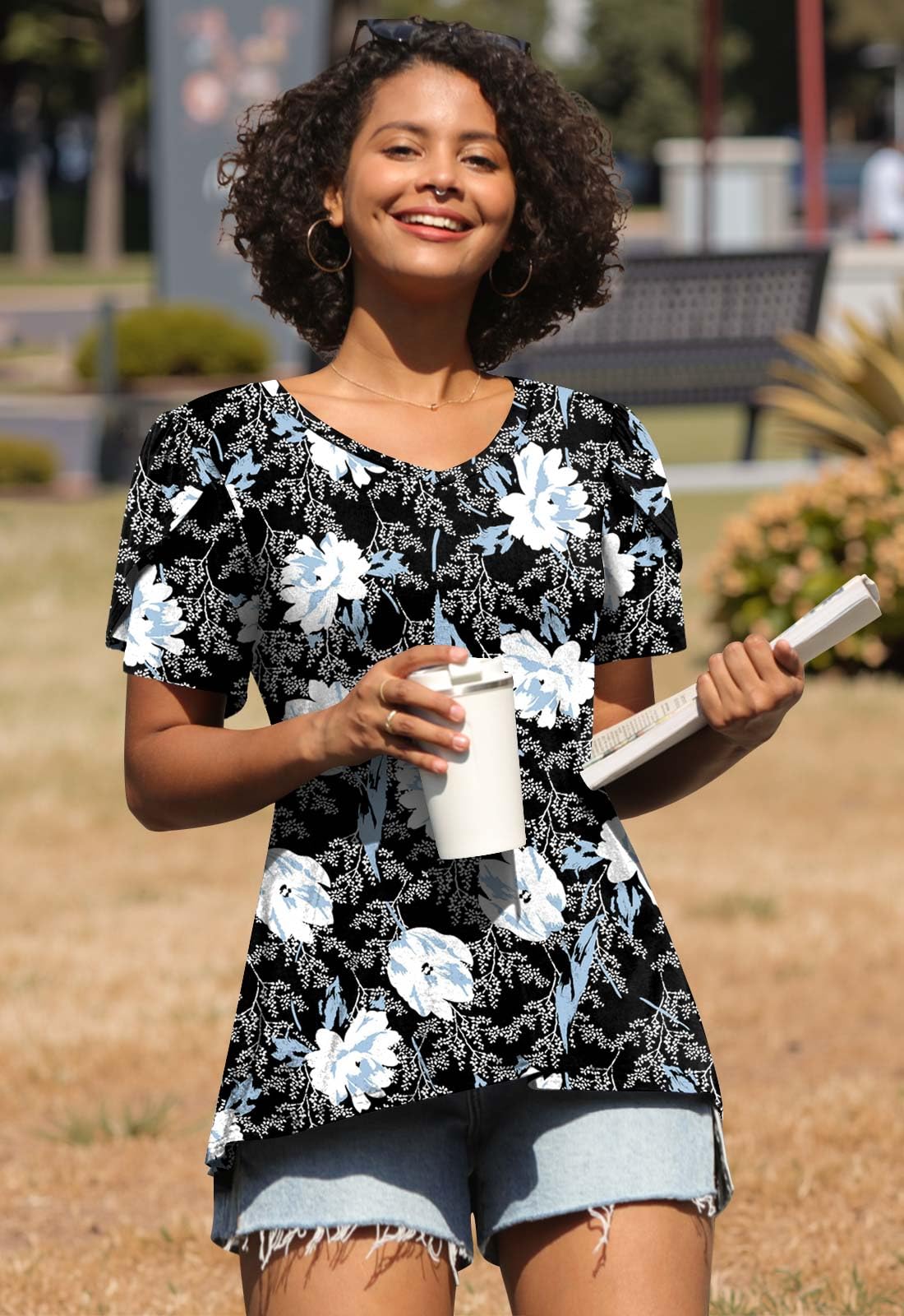 CATHY 2025 Womens Tops Summer Short Sleeve T-Shirts Casual V Neck Tunic Blouse for Leggings Floral White Lily Large