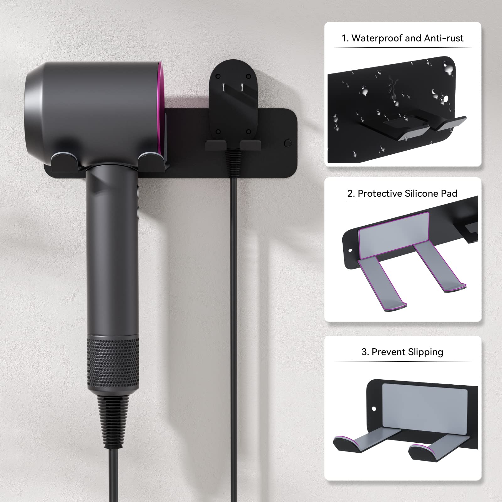 JNIHEEP Hair Dryer Holder Wall Mounted, New Upgrade Stainless Steel Self Adhesive Blow Dryer Holder Rack for Dyson Supersonic Hair Dryer,Black