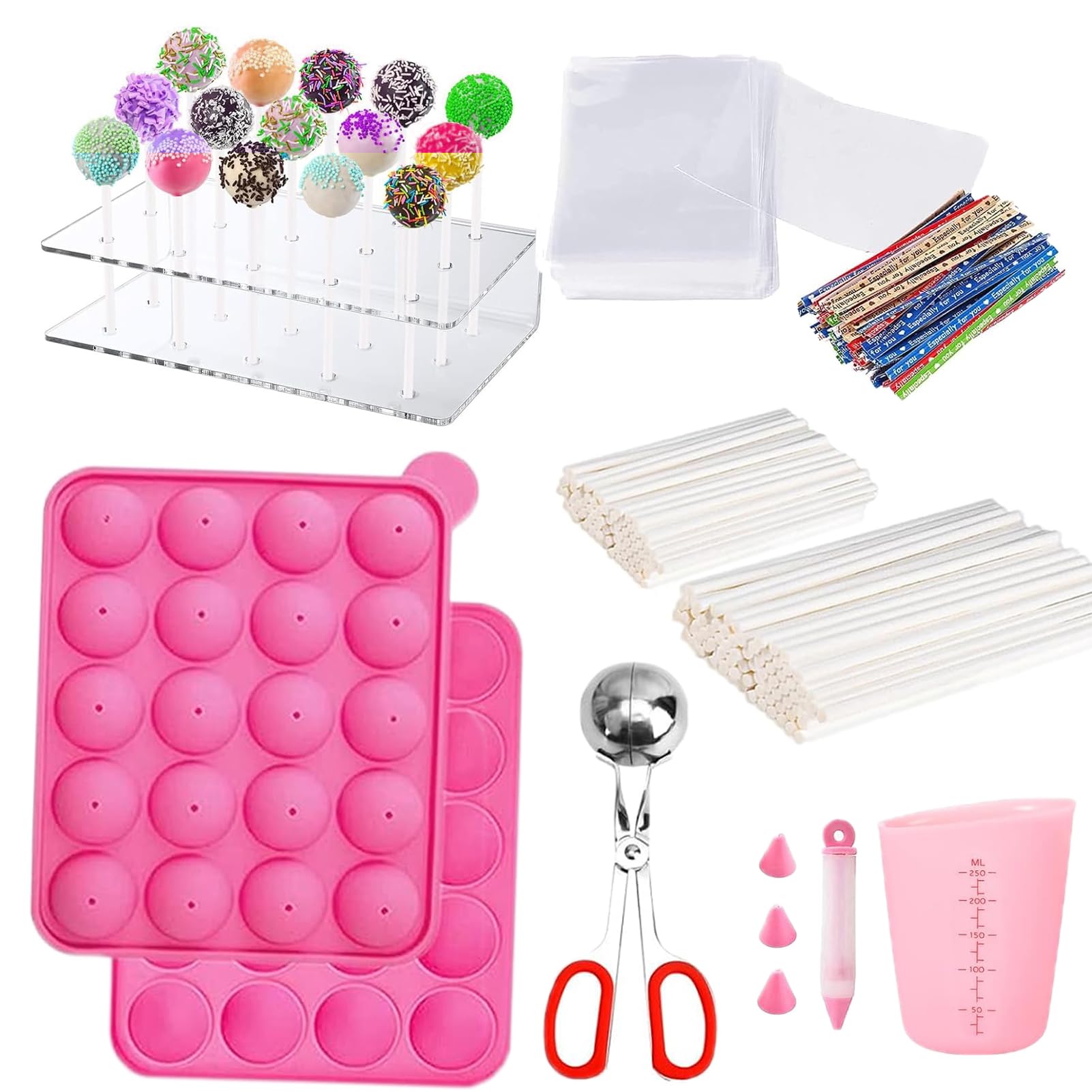605Pcs Cake Pop Kit,Silicone Lollipop Molds Including Lollipop Sticks,Measuring Cup,Treat Bags,Twist Ties,Decorating Pen,Round Mold,Meat Baller with Handles,Lollipop, Candy,Display Stand Holder