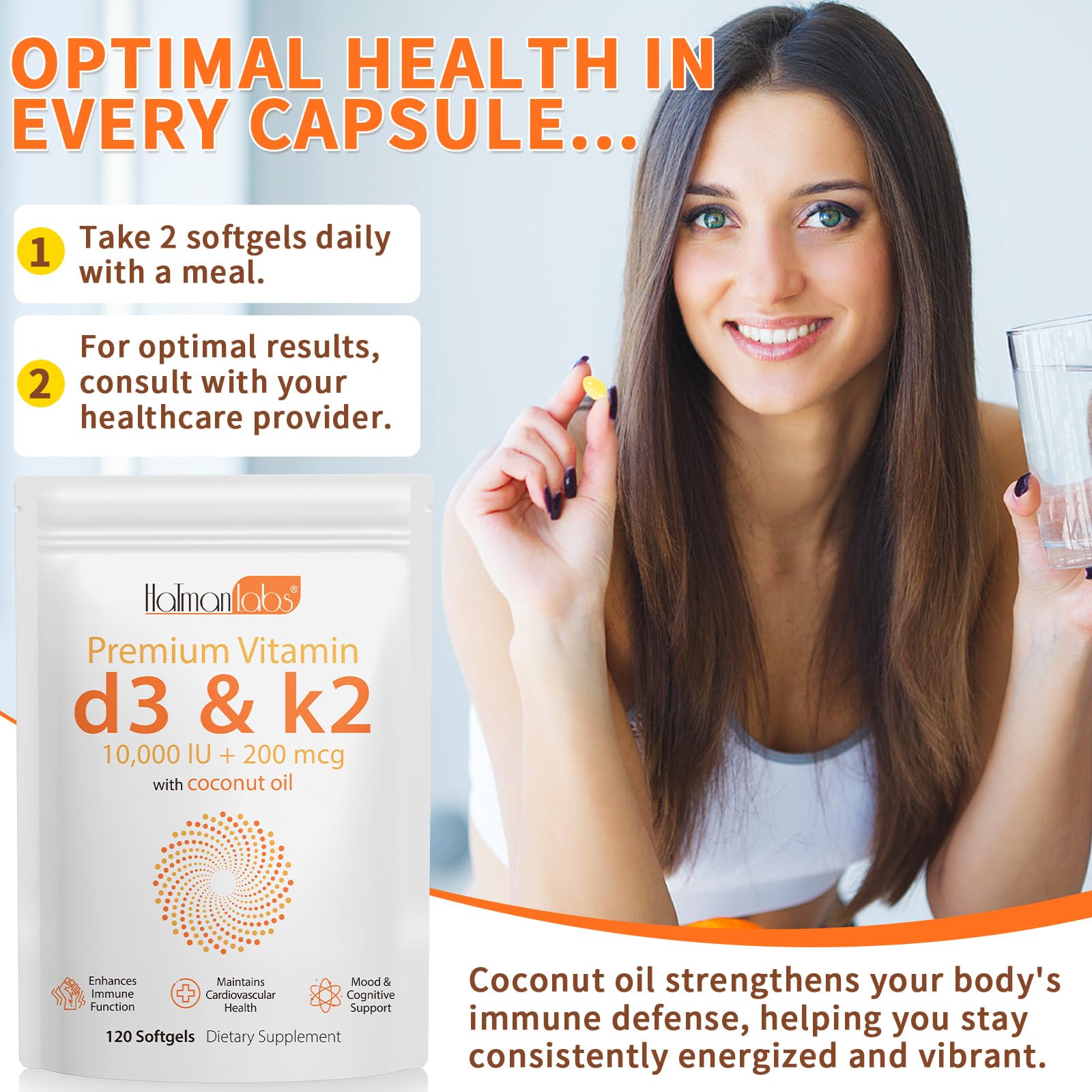 MXCZBSM Vitamin D3 K2 Supplement Softgel, Vitamin D3 K2 Softgel with 10000 IU Supports Immune, Heart, Teeth & Bone Health, Free of GMO, Gluten, Soy