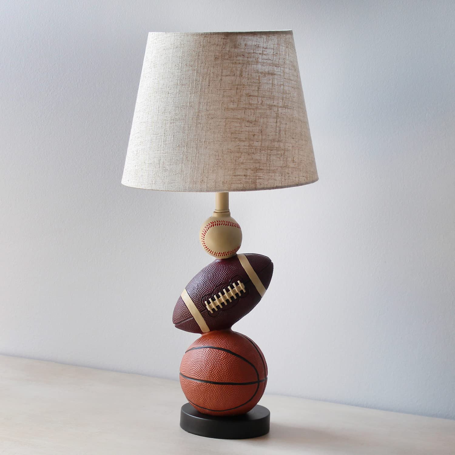 Simple Designs LT1082-SPT SportsLite 22" Tall Popular Sports Combo Basketball, Baseball, Football Polyresin Table Desk Lamp w Light Beige Fabric Shade for Kids' Room, Nursery,Bedroom,Gameroom,Mancave