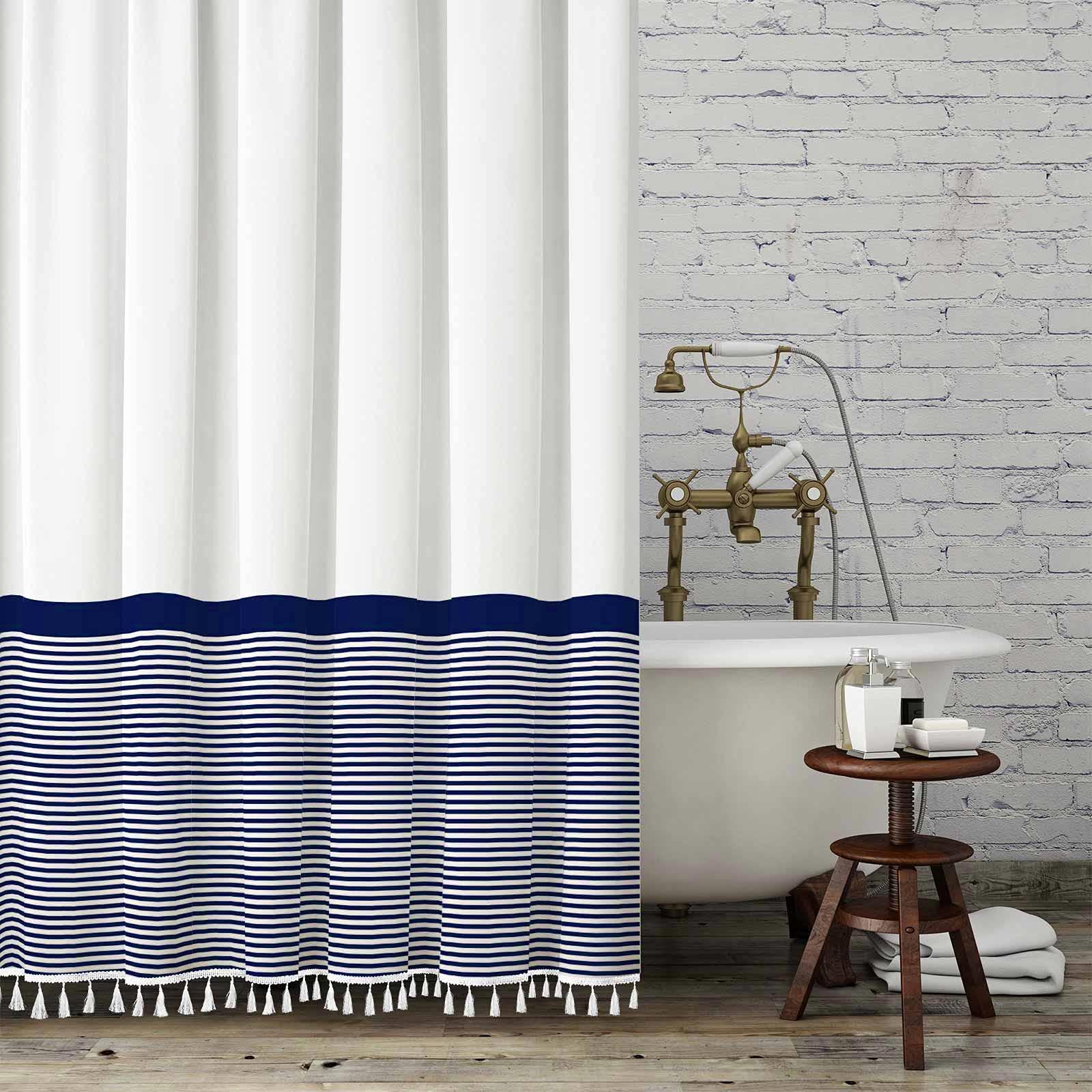 Seasonwood Navy Blue Striped Shower Curtain with Tassel for Bathroom Decor,Chic Polyester Bath Curtain Set with Hooks, 72 x 72