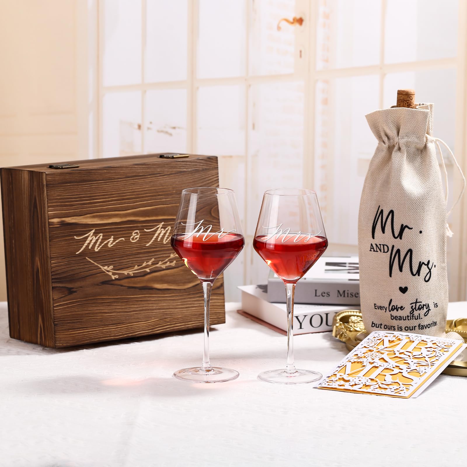 SIPBYSOP Wedding Gifts Mr and Mrs Wine Glasses, Bridal Shower Engagement Gifts for Couples,Wedding Glasses for Bride and Groom, Memory Keepsake Box, Wine Bag, Greeting Card