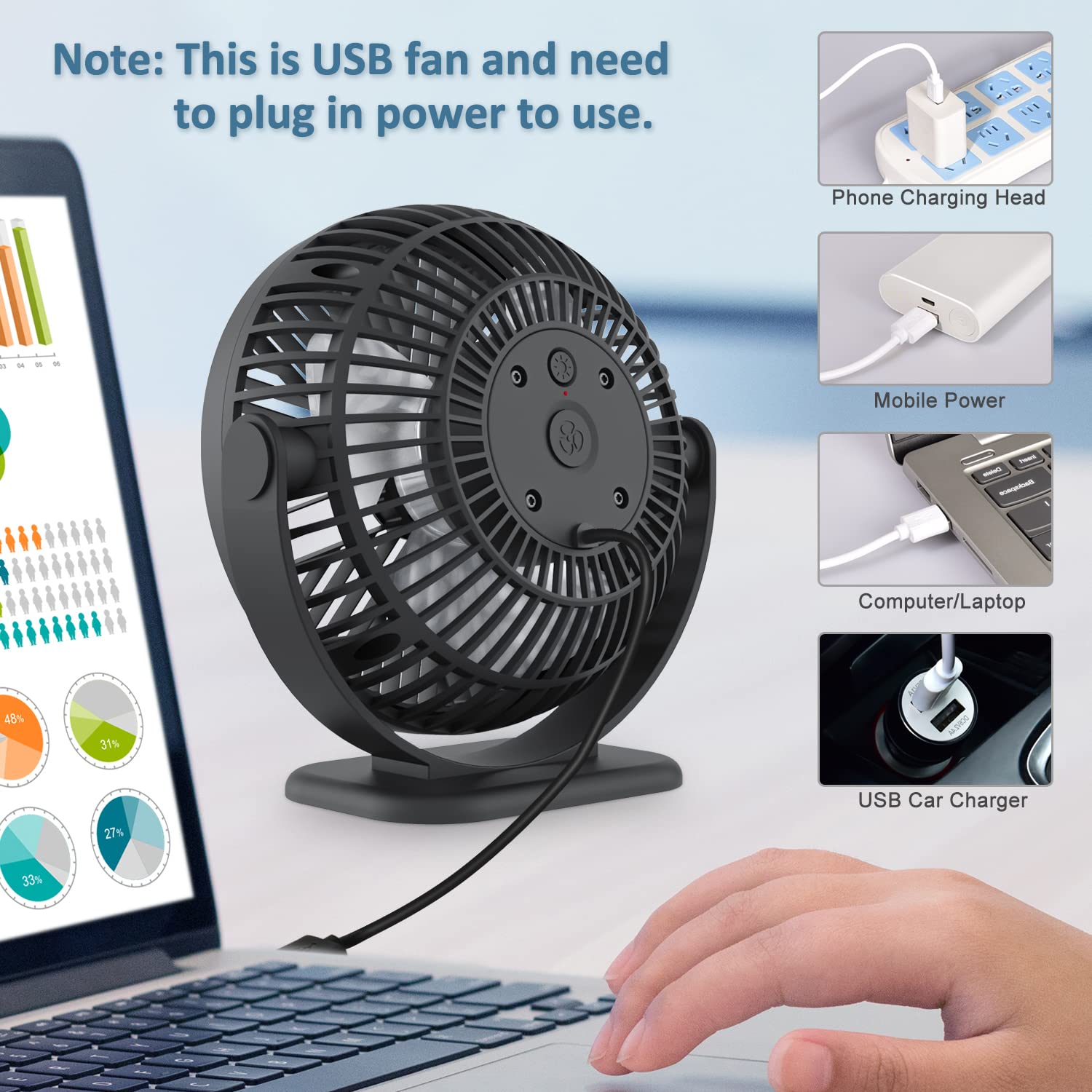 GagetElec USB Desktop Fan with LED Night Lights,360°Rotation Strong Wind Small Fan,3 Speeds Quiet Cooling Table Fan,Mini USB Desk Fan for Home Office Desktop Office Table 5.3 Inch (T5-06)