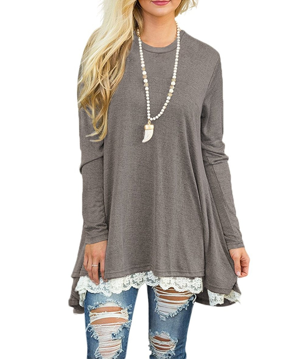 WEKILI Women's Tops Long Sleeve Lace Scoop Neck A-line Tunic Blouse Gray L/US 12-14