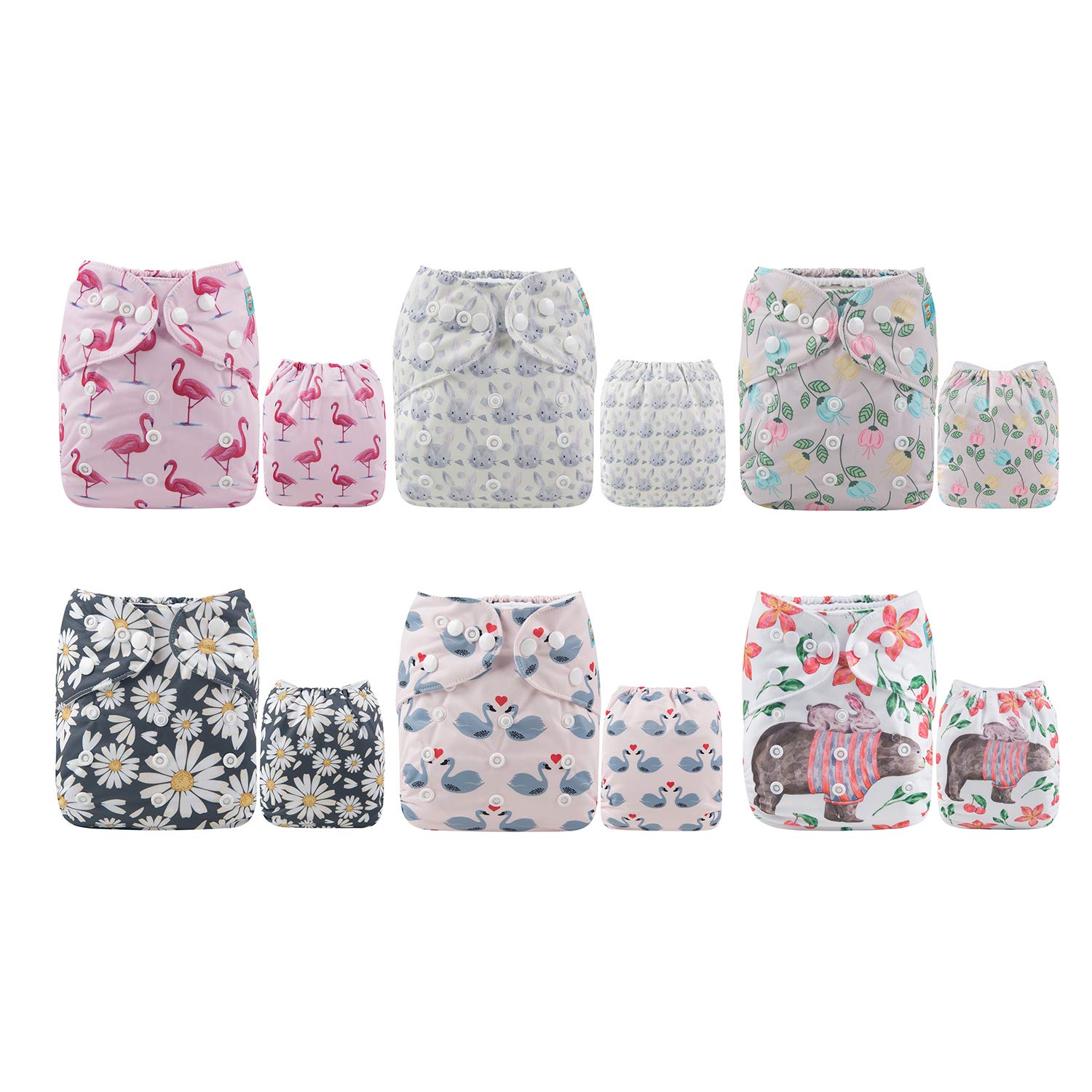 ALVA 6 Pack Cloth Diaper with 12 Inserts One Size Adjustable Washable Reusable Diaper Cover for Baby Girls and Boys