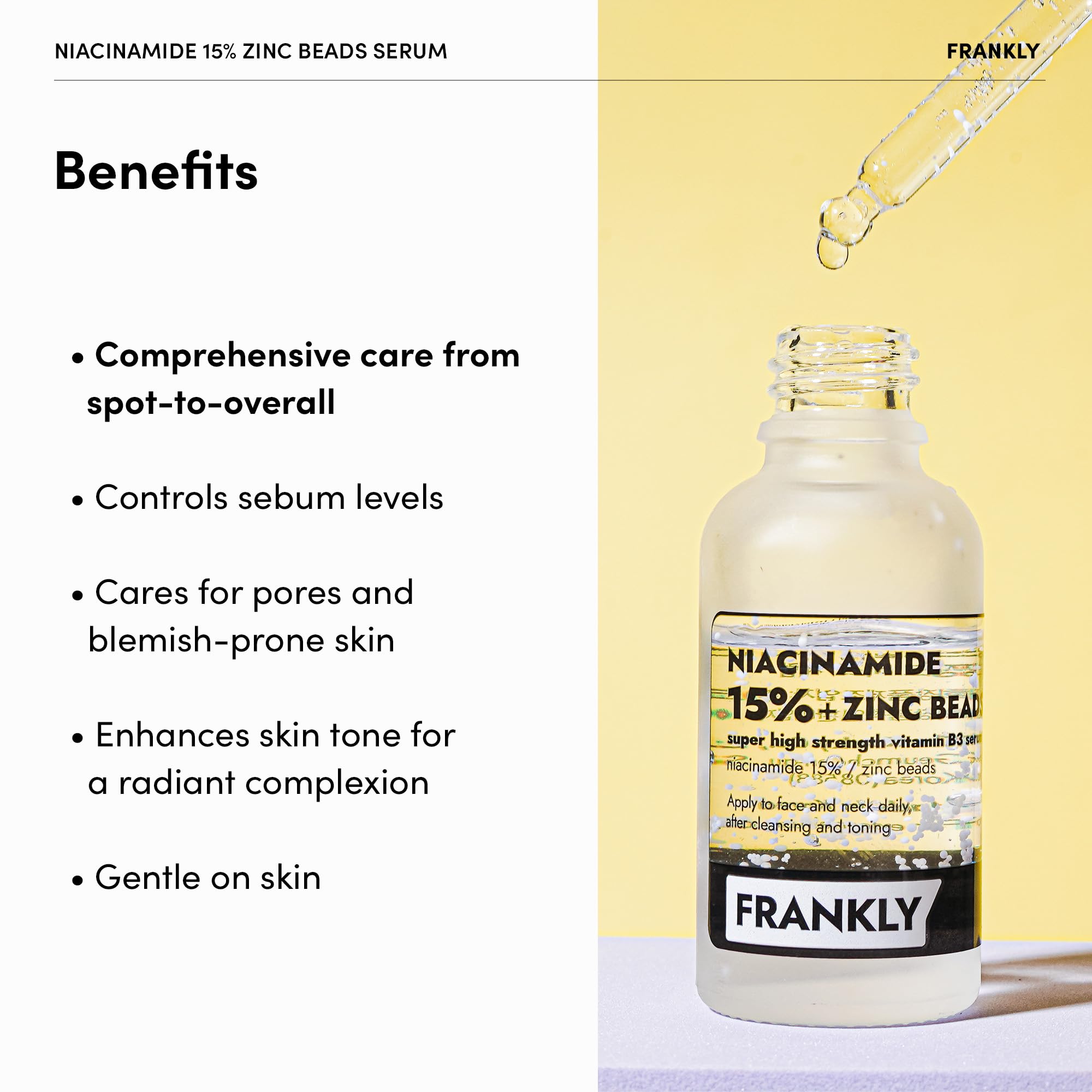 FRANKLY Niacinamide 15% & Zinc Beads Serum: Acne & Dark Spots Care, Oil Control, Even Skin Texture & Glow | Vegan & Cruelty-Free | Non-Comedogenic All skin types Korean Skincare | 1.01 fl.oz