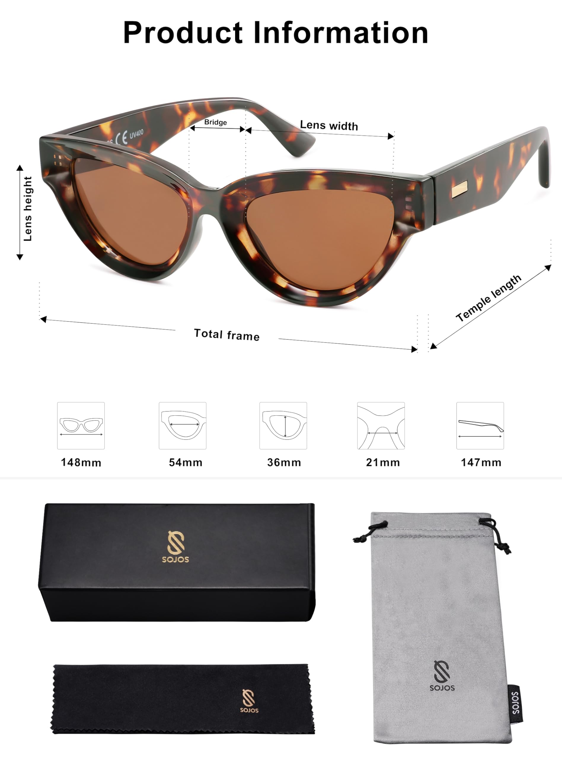 SOJOS Retro Polarized Cat Eye Sunglasses Womens Vintage Shades Trendy Stylish Sunnies SJ2331A with Tortoise/Brown Lens