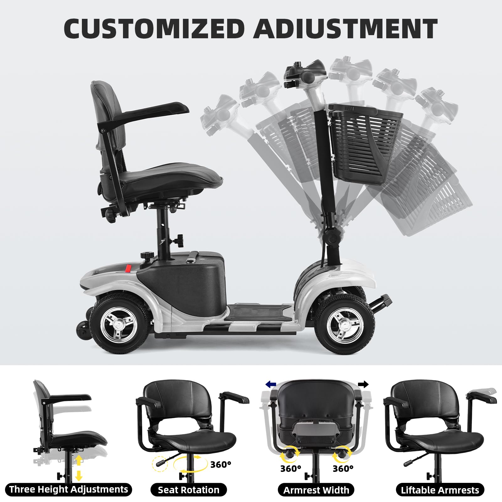 Mobility Scooter for Adults, Senior, 4 Wheels Electric Powered Chargeable Device for Travel, Lightweight and Portable, with LED Headlights and Basket, Charger Included, Red/Blue (Silver/Black)