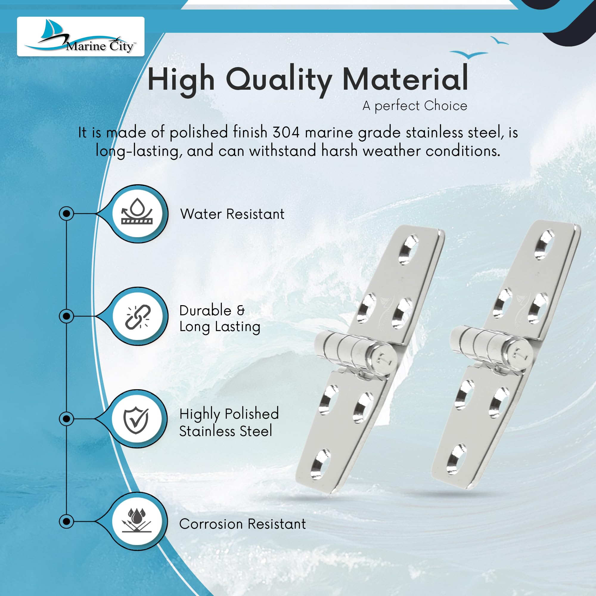 MARINE CITY Heavy Duty 304 Stainless Steel Polished Door Strap Hinges (1-1/2 × 3 Inches) for Boats – Kayaks – Yacht Doors – Peer Doors – Motor Boxes (Pack of 2)
