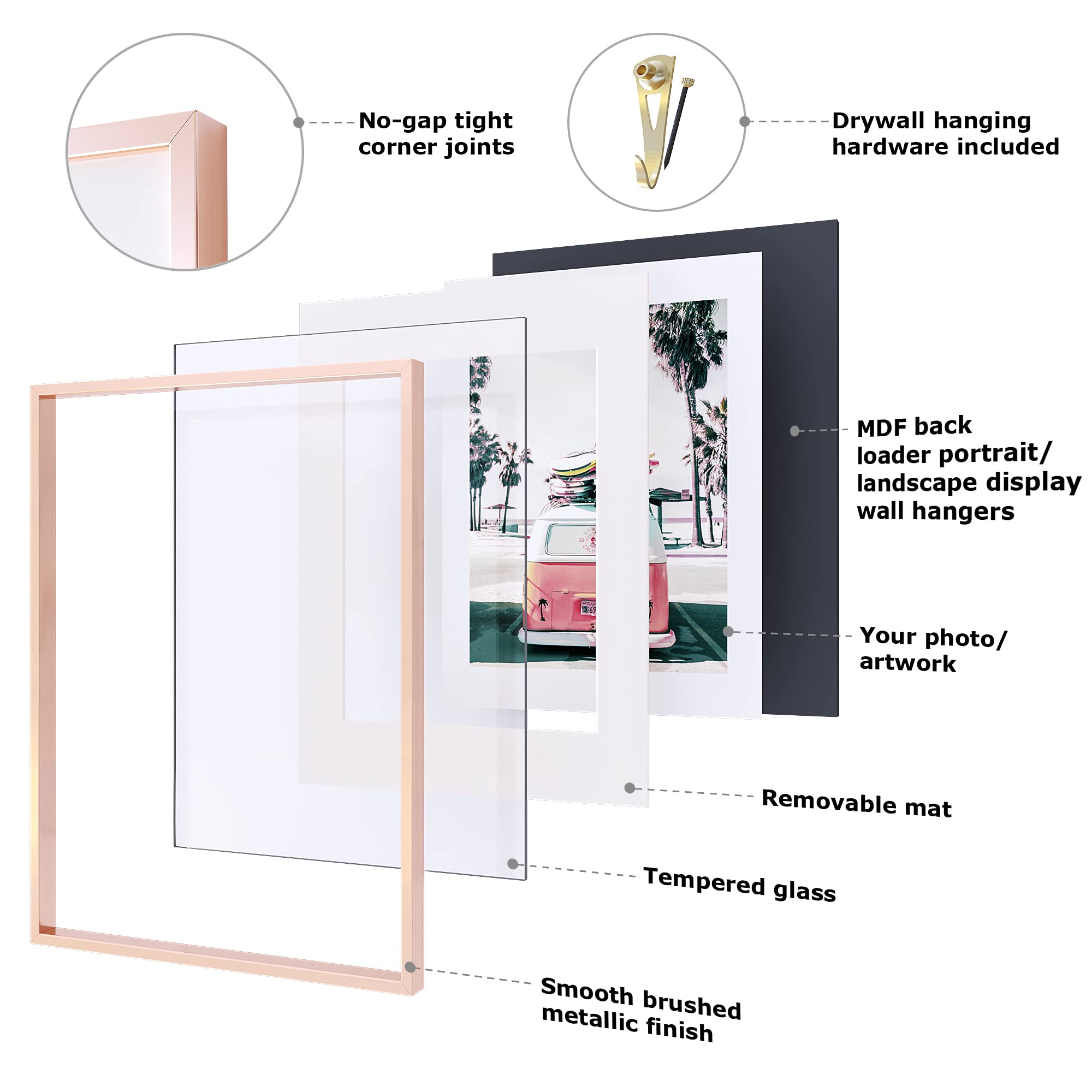 Homeforia - 12x16 inch Metal Picture Frame - 12 x 16 Aluminum Photo Frames - 12x9 Mat - Tempered Glass - Wall Hook Included - Set of 1 - Rose Gold