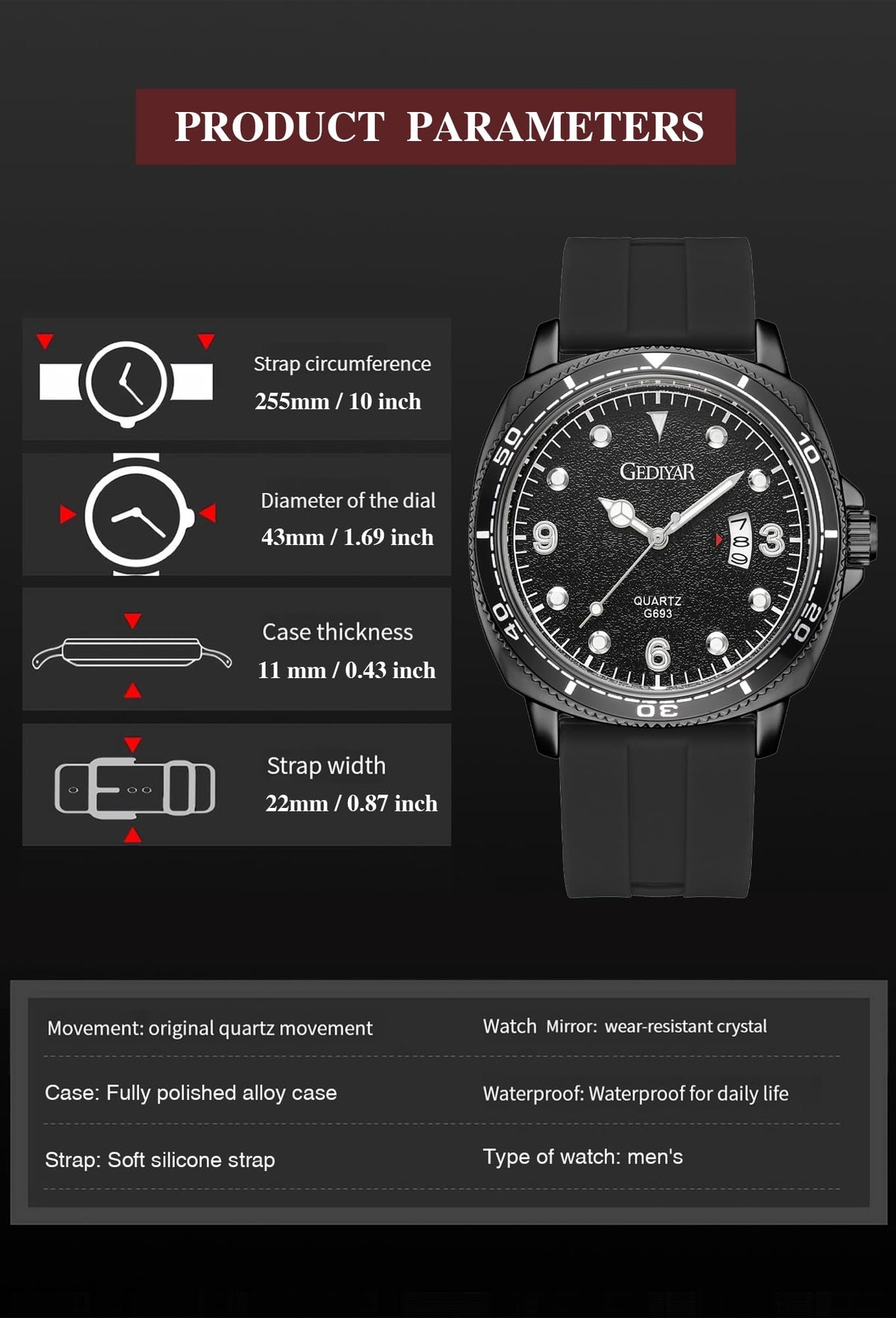 AIYISHI Luxury Men's Waterproof Wristwatch with Date Calendar Classic Analog Quartz Dress Watch for Men relojes para Hombres Trabajo (G693black)