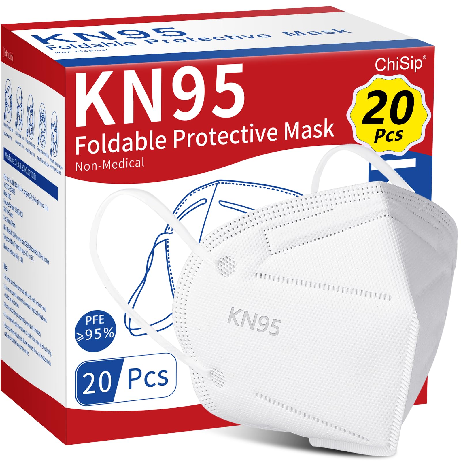 ChiSip KN95 Face Mask 20Pcs, 5 Layer Design Cup Dust Safety Masks, Breathable Protection Masks Against PM2.5 Dust Bulk for Adult, Men, Women, Indoor, Outdoor Use, White