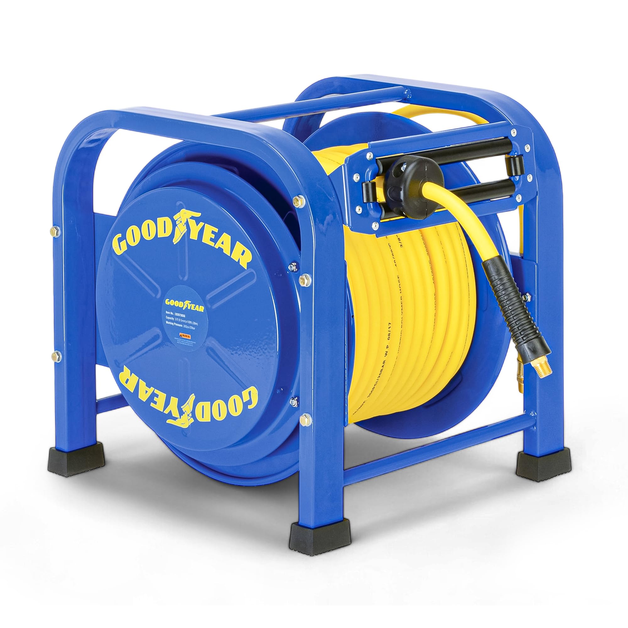 Goodyear Retractable Air Hose Reel, 3/8" x 100 Feet, 300 PSI, Spring-Driven Steel, Heavy Duty Industrial, Flex Hybrid Polymer Hose, Portable and Durable