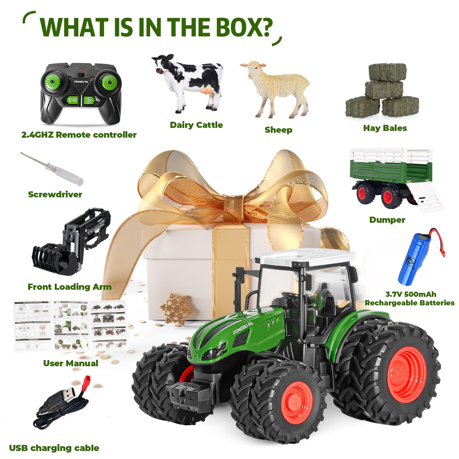 Remote Control Tractor Toy, 2.4 Ghz RC Tractor Toys for Kids 3-5, Toy Tractors Set with Trailer and Light/Loading Arm, Farm Animal Toys Include Cows, Sheep and Hay Bales, Toys for Boys 5-7