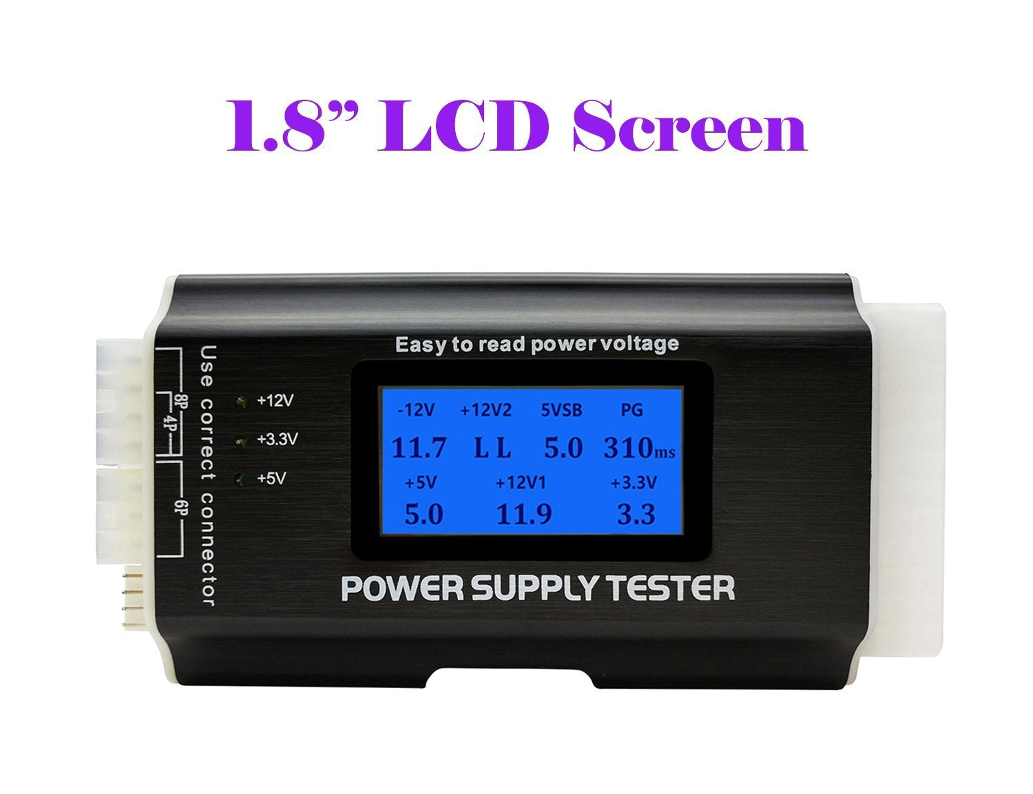 Computer PC Power Supply Tester, ATX/ITX/IDE/HDD/SATA/BYI Connectors Power Supply Tester, 1.8'' LCD Screen (Aluminum Alloy Enclosure)