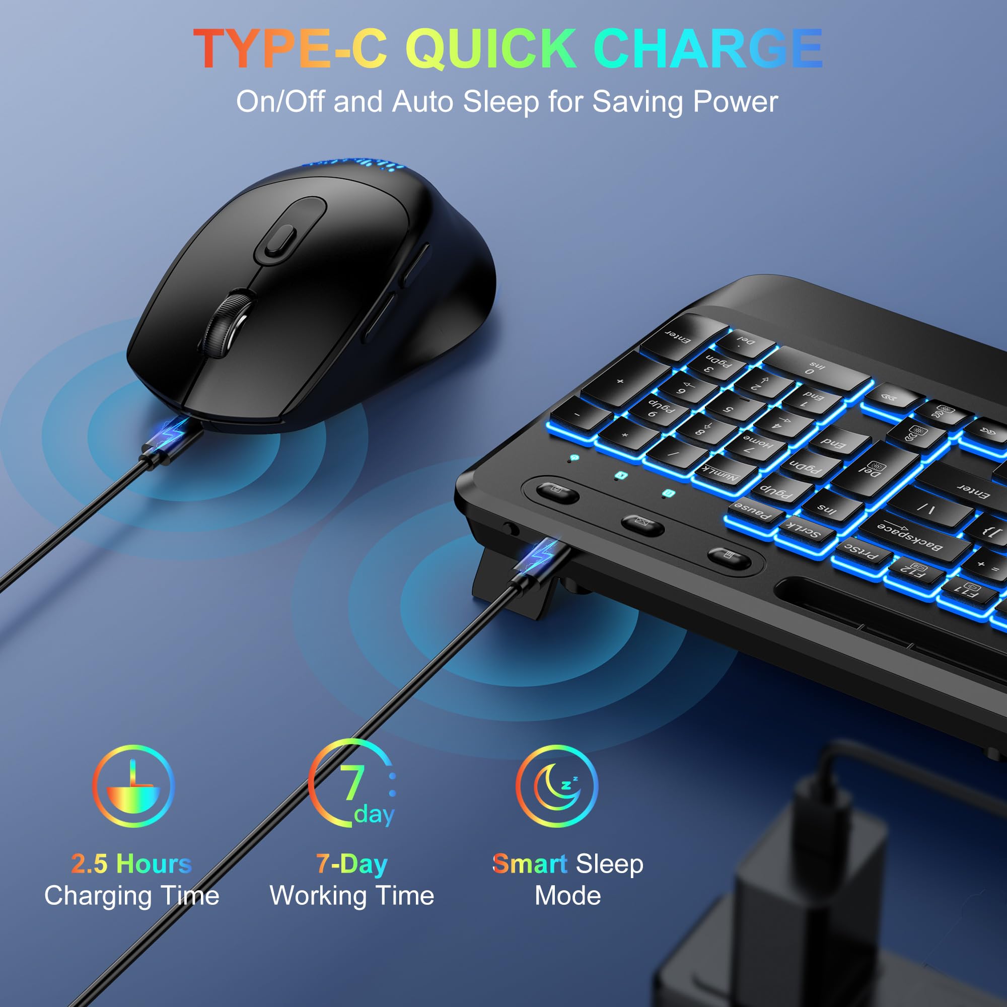 Wireless Keyboard and Mouse Combo Telylou Ergonomic Quiet Keyboard Mouse Combo 7 Backlit Effects, Wrist Rest, Phone Tablet Holder 2.4GHz Ergonomic Mouse and Keyboard for Windows, Mac, Computer, PC