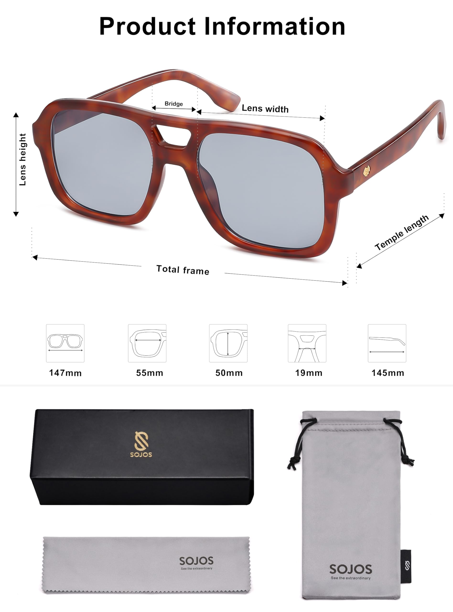 SOJOS Retro Aviator Sunglasses For Women Men Square Womens Square Sun Glasses SJ2355,Brown Tortoise Grey