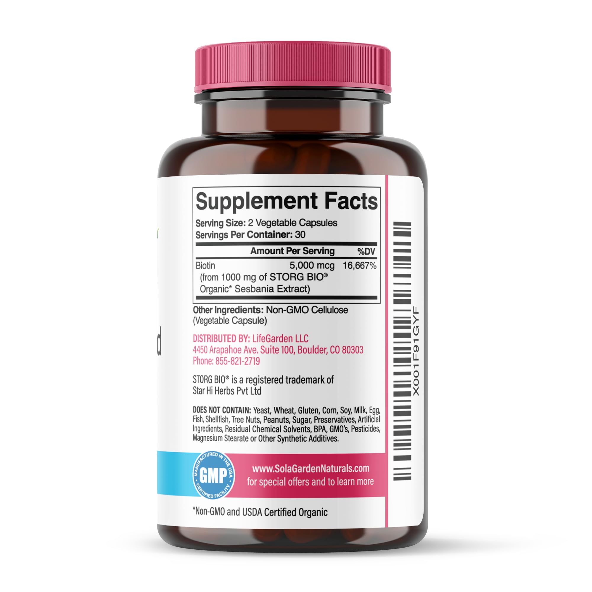 Whole Food Biotin Supplement - Contains Certified Organic Plant Based Biotin from Sesbania Agati Trees - by SolaGarden Naturals. May Support Hair, Skin and Nails. 60 Non GMO Veggie Capsules.