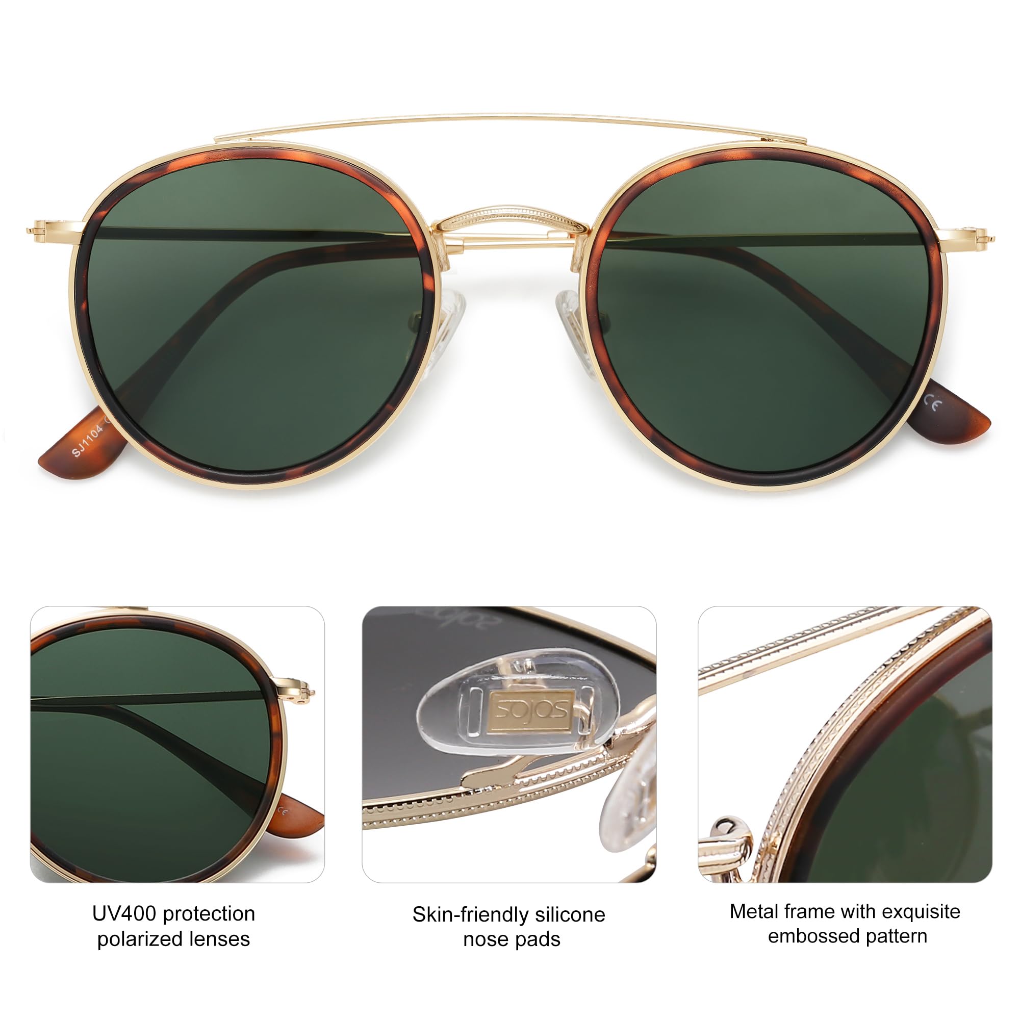 SOJOS Retro Vintage Round Polarized Sunglasses for Women Men Small Double Bridge Circle Sunnies SJ1104, Brown Tortoise/Green