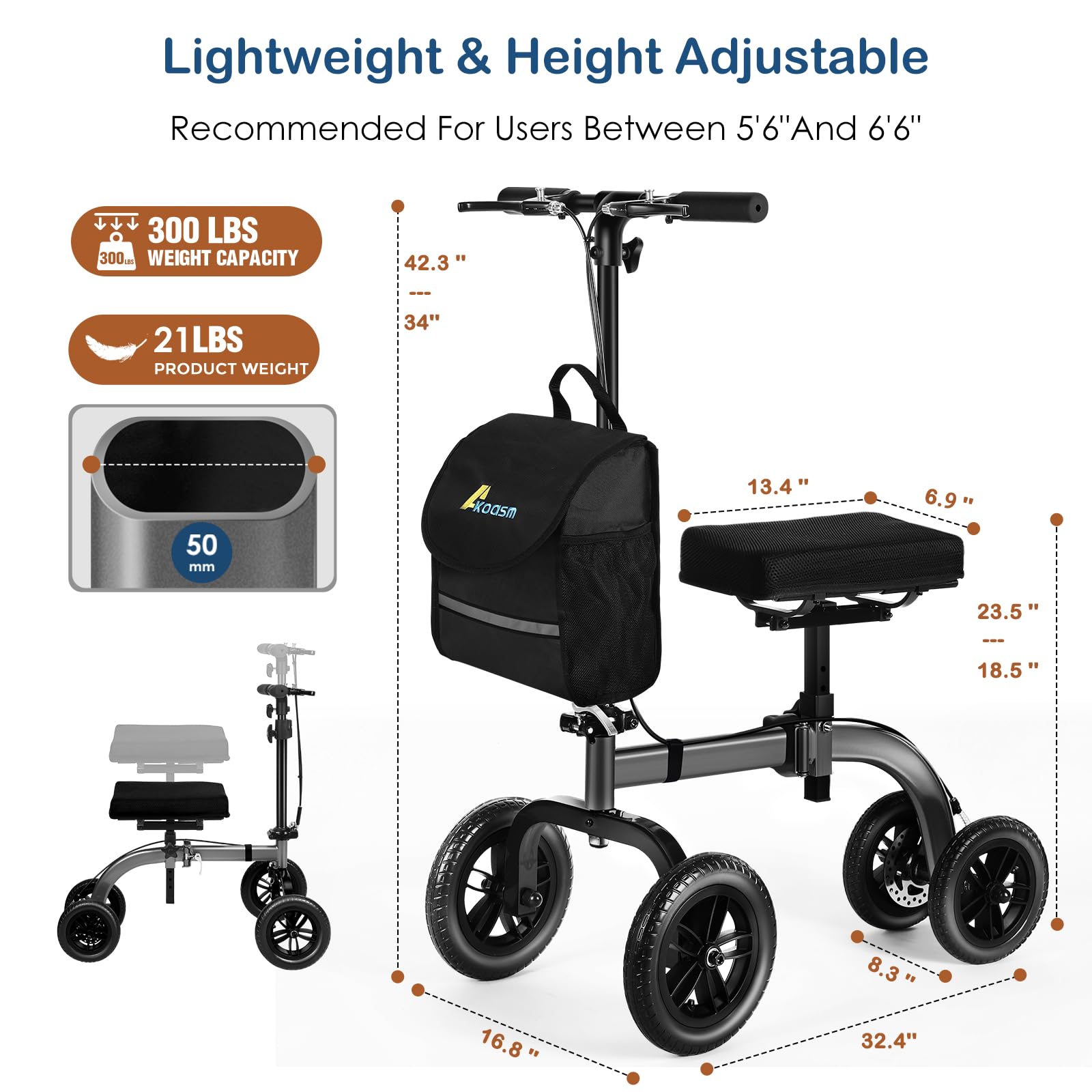 Akoasm Collapsible All Terrain Knee Scooter for Adults for Foot Surgery, Adjustable Knee Walker Cart with Basket, Alternative to Crutches for Broken Leg Ankle Injuries, Dual Brakes, Grey