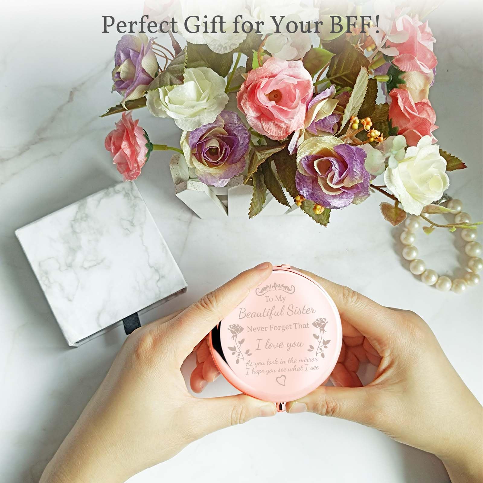 boutikpro Sister Gifts Compact Mirror, to My Beautiful Sister Gorgeous Rose Gold Compact Mirror Unique Friend Gift Mirror for Women Girls Sisters for Women BFF