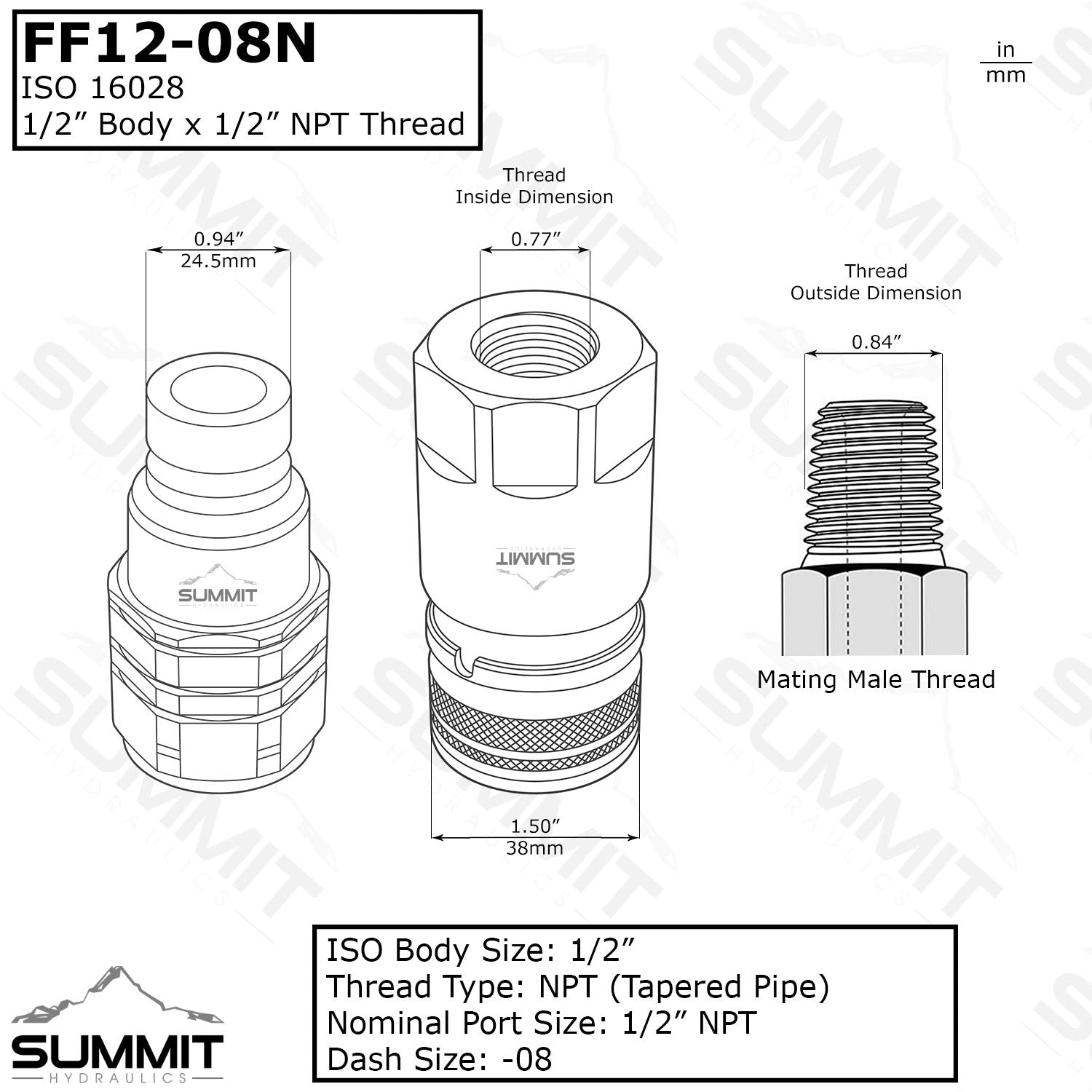 Summit Hydraulics 1/2" Skid Steer Flat Face Hydraulic Quick Connect Couplers/Couplings Set w/Dust Caps, 2 Sets