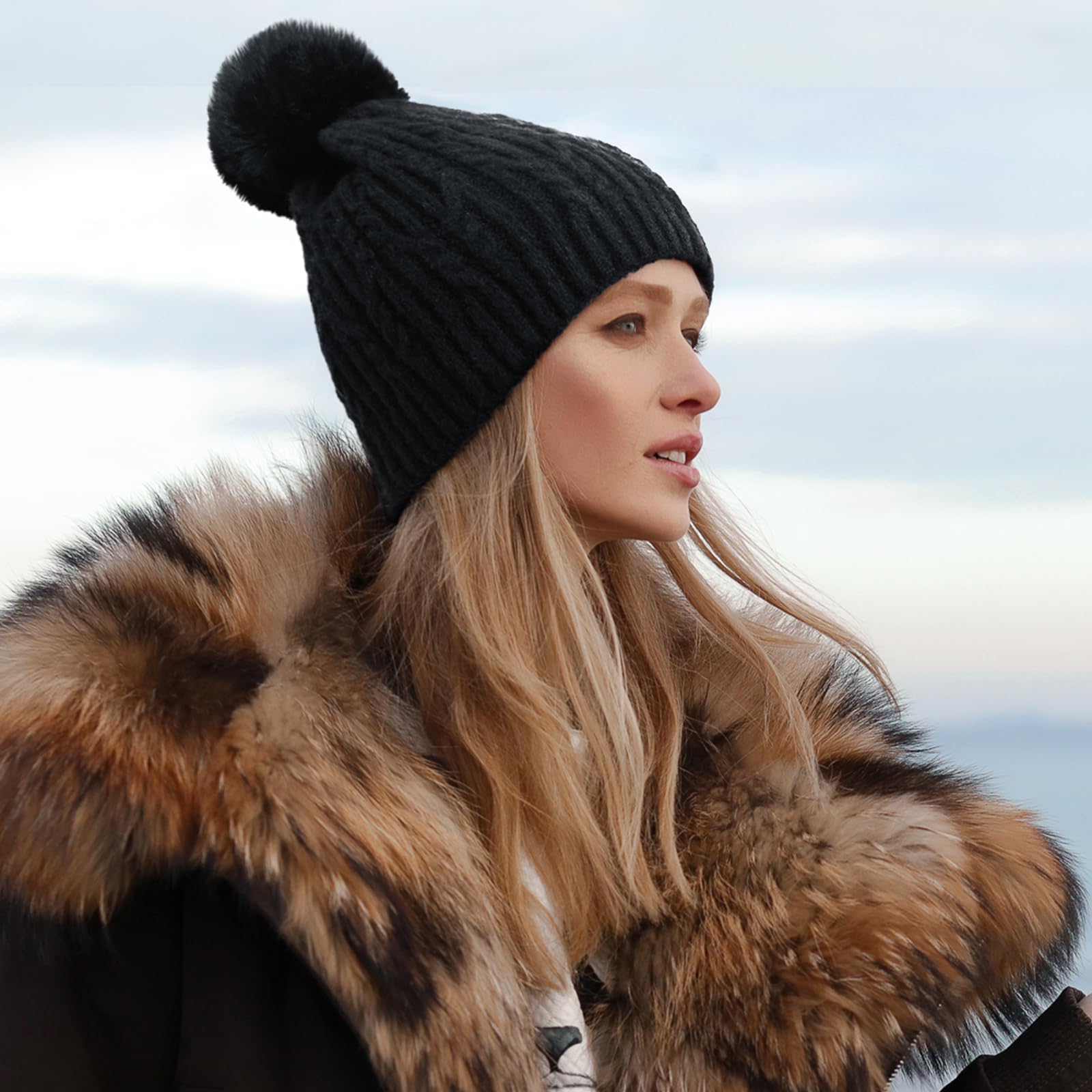 Loiyadn Women's Winter Beanies - Knit Beanie Hats with Faux Fur, Soft and Warm - Black