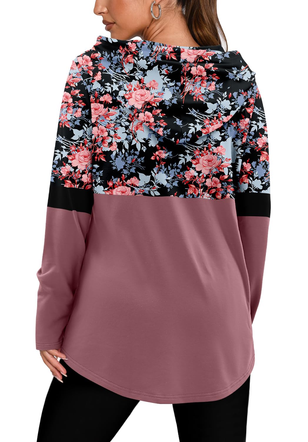 BETTE BOUTIK womens tunic long sleeve hoodie zipper hooded sweatshirt women hoodie floral women quarter zip sweatshirt Pink Rose X-Large
