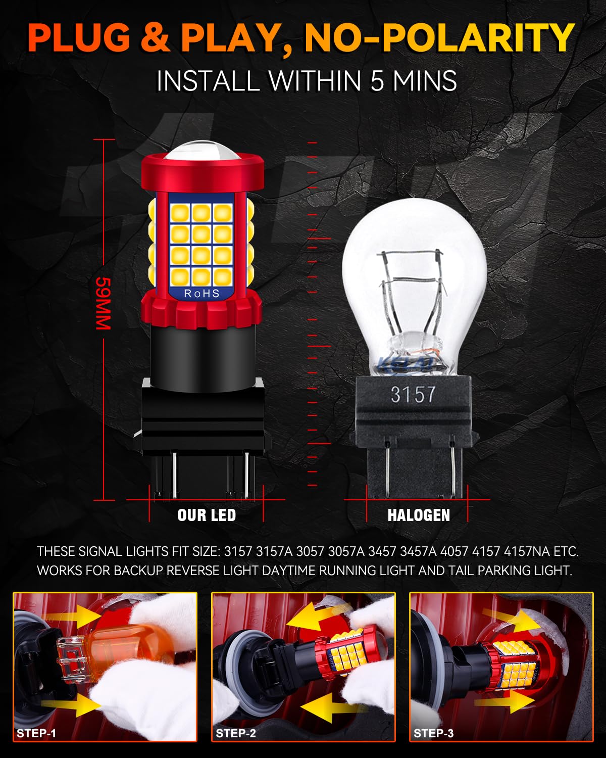 Afibraru 3156 3157 LED Bulb White Reverse Lights, 4114 3057 4157 3457 4057 LED Bulbs 3030 SMD with HD Projector, 6000K White Backup Reverse Brake DRL Tail Light for Motorcycles Cars Trucks Pack of 2