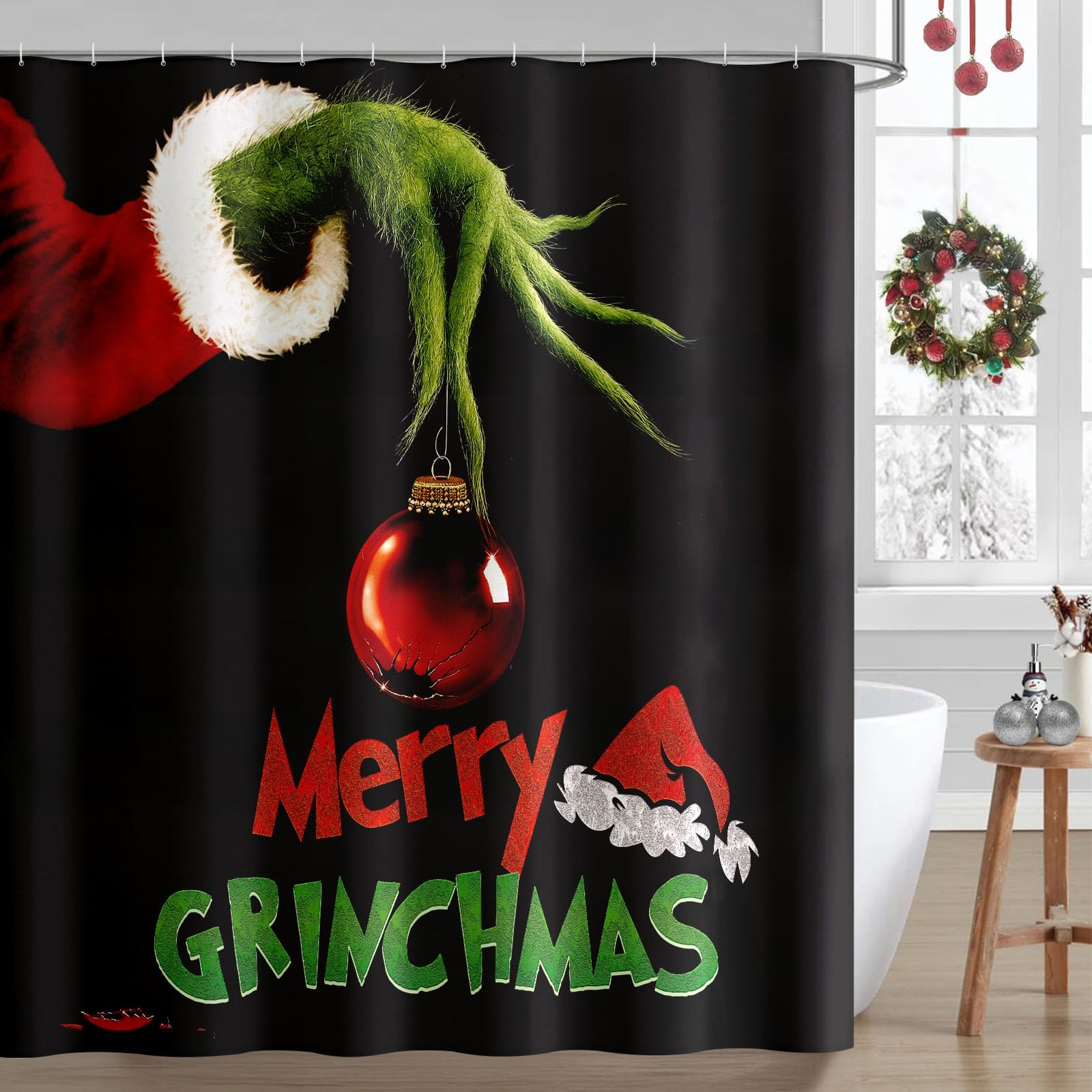 Seasonwood Christmas Shower Curtain Xmas Winter Holiday Shower Curtains Winter New Year Xmas Holiday Bath Decor Waterproof Fabric Machine Washable with 12 Hooks