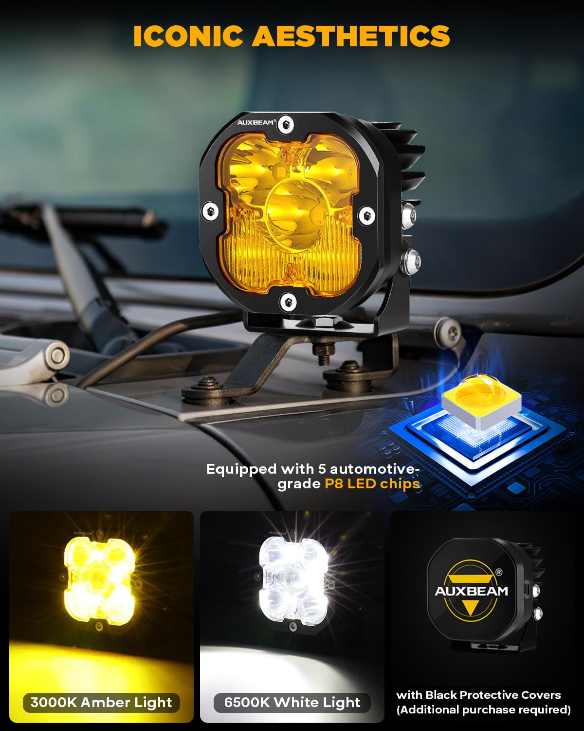 Auxbeam XP-Ultra Series 3" 80W Cube LED Pods White Spot Beam & Amber Combo Beam Replaceable Light Covers 9600LM Yellow Offroad Ditch Lights Driving Light Bar, Pair