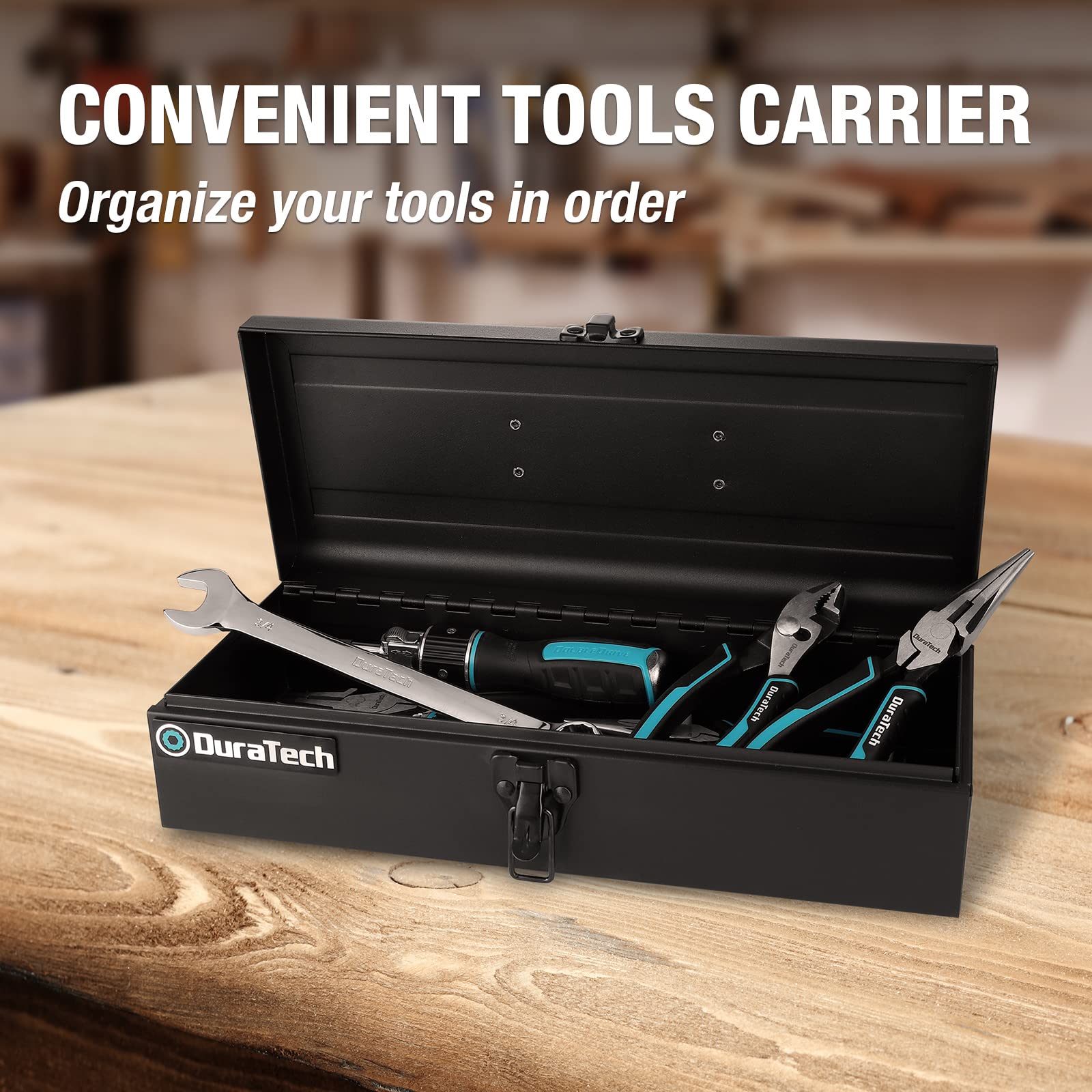 DuraTech Tool Box, 15" Portable Steel Small Tool Box with Metal Latch Closure & Plastic Handle with Anti-slip Base, Multi-Purpose Heavy Duty Toolbox, Black