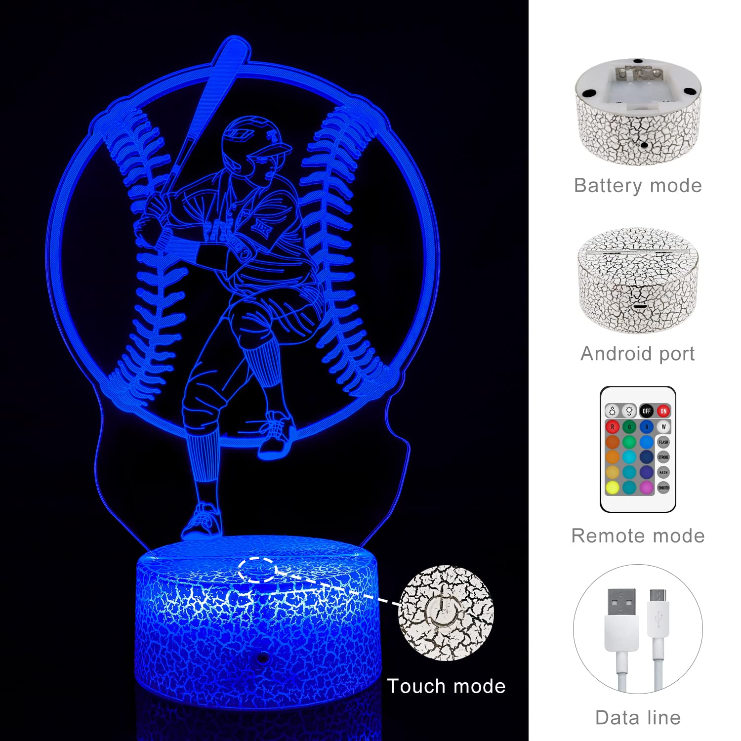 tqyydf Baseball Gift Illusion Night Light for Kids - 16 Colors & Flashing Modes with Remote Control Opreated Dimmable Christmas Birthday Gifts for Boys Girls Kids Children