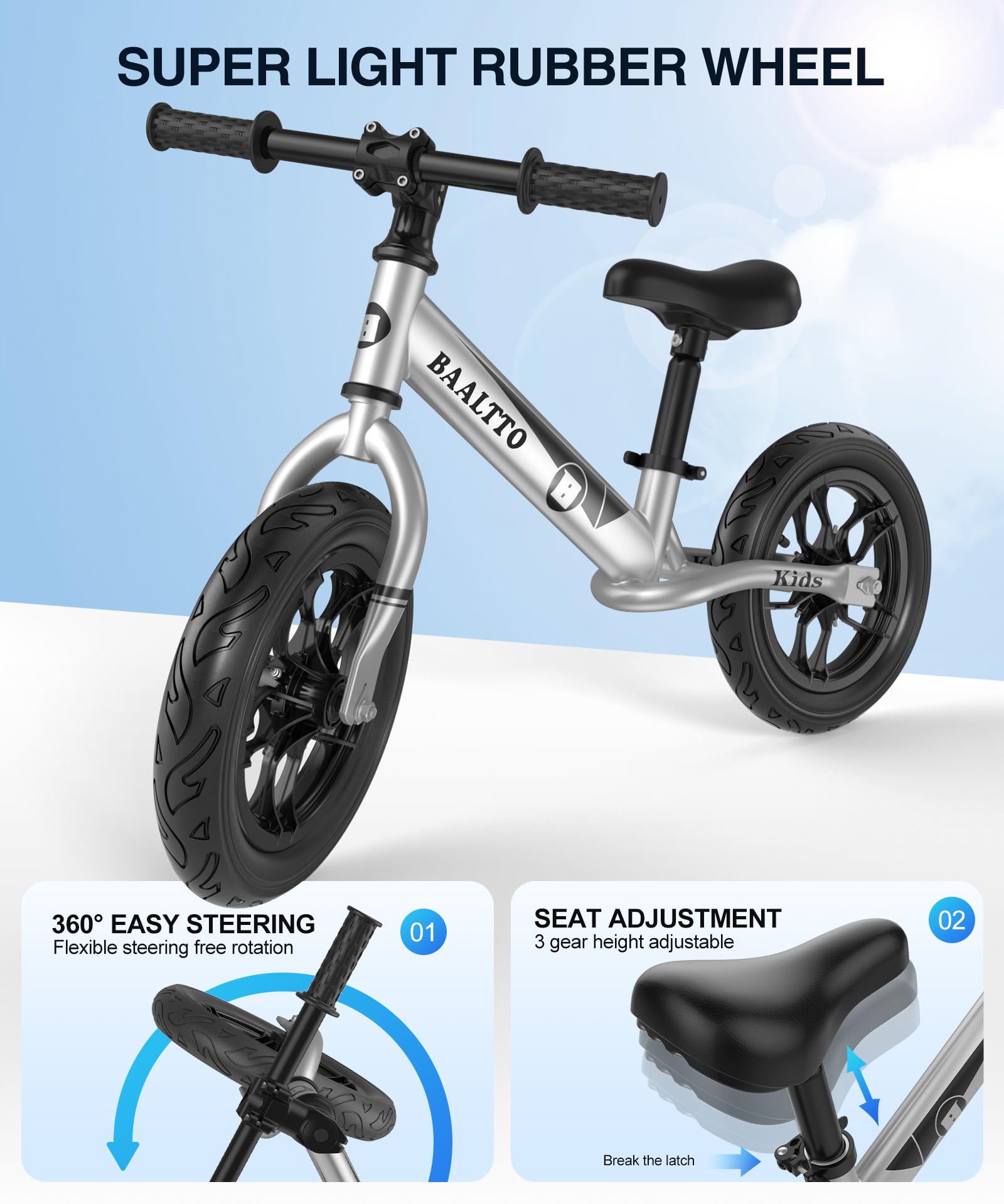 BAALTTO Balance Bike Rubber Tires, Metallic Paint, Colorful Lights, Mountain Bike Handlebars, and Integrated Stand - 12-Inch Wheel, Suitable for Boys and Girls Ages 2-7(Silver)