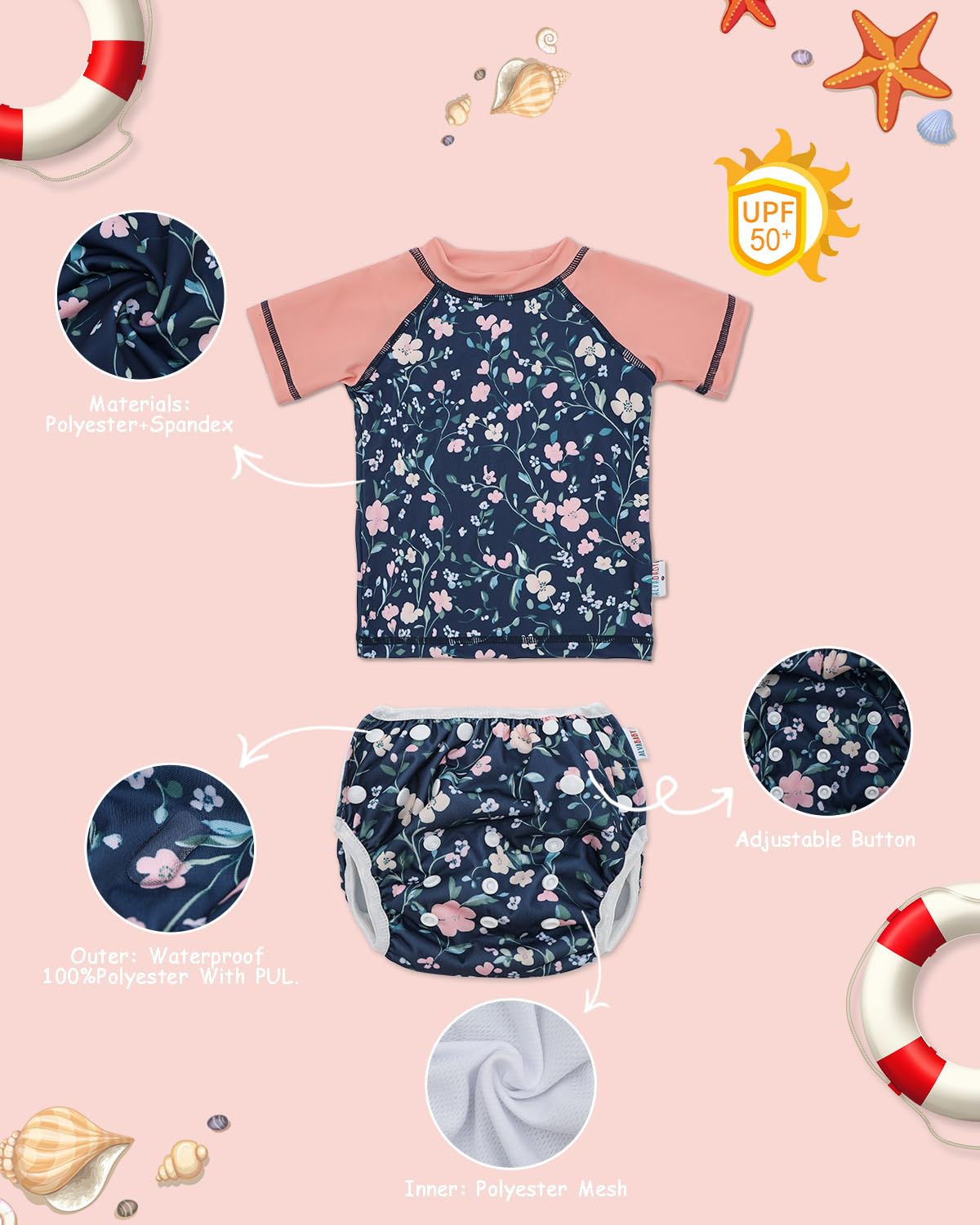 ALVABABY 2-Piece Baby Girl Swimsuit,Infant Toddler Bathing Short Sleeve Swimwear,Baby Reusable Swim Diaper with Matching Top 2T SWCJ12