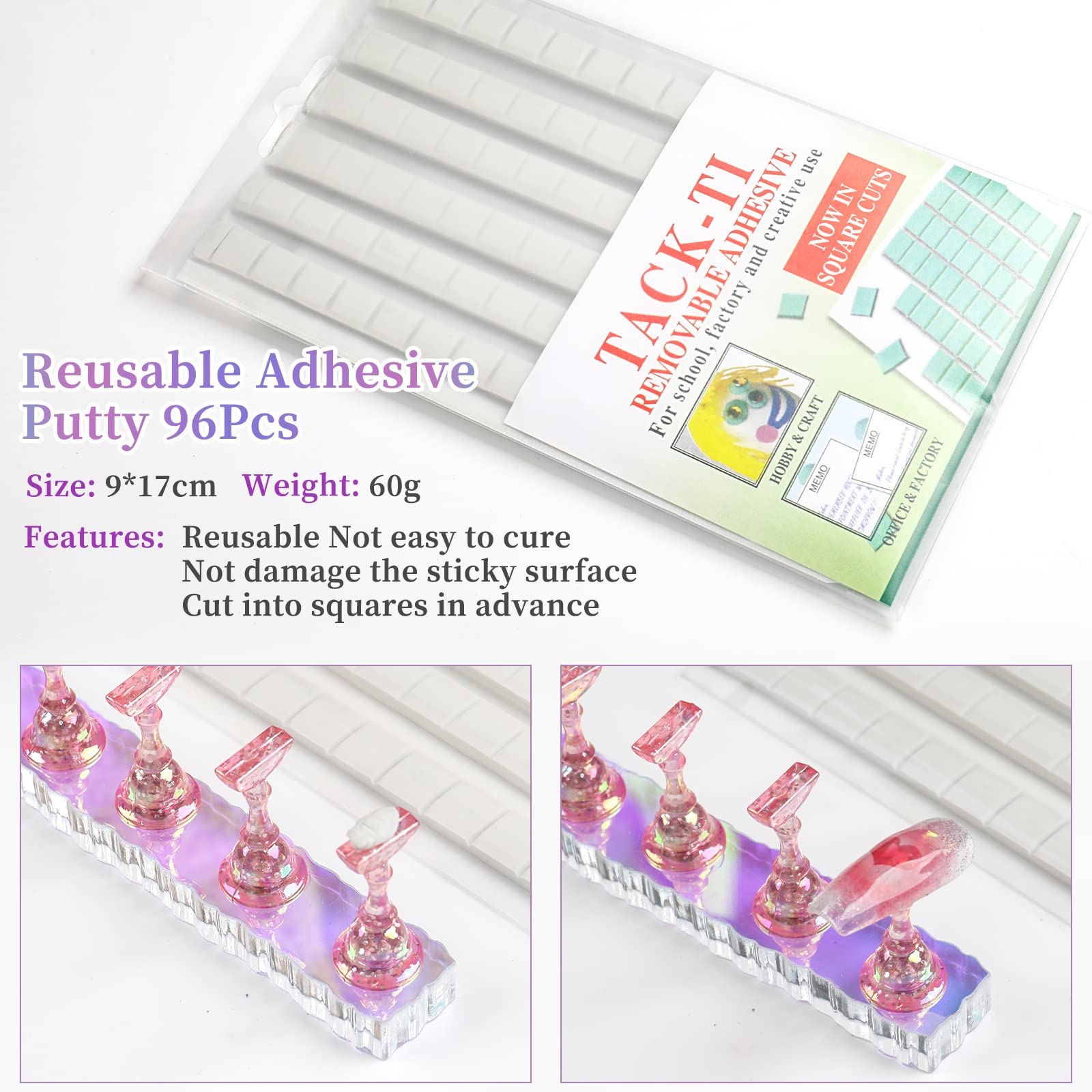 BQAN 2 Set Nail Holder for Painting Nails, Aurora Acrylic Nail Stand for Press on / Fake Nail Tips Training / Nails Display with 96 Pcs Reusable Adhesive Putty