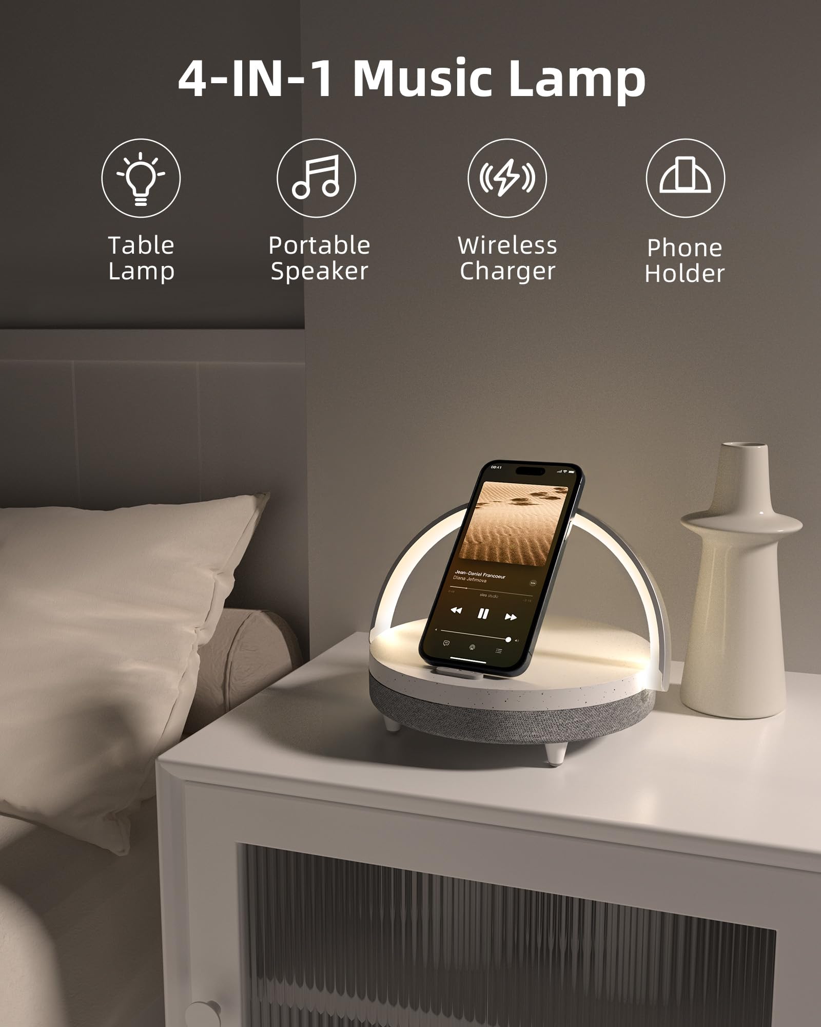 EZVALO Gift for Her, Music Table Lamp with Wireless Charger, 4 in 1 Touch Bedside Lamp, Portable Bluetooth Speaker, Phone Holder, Dimmable LED Night Light Birthday Gifts for Women, Men, Dad, Mom